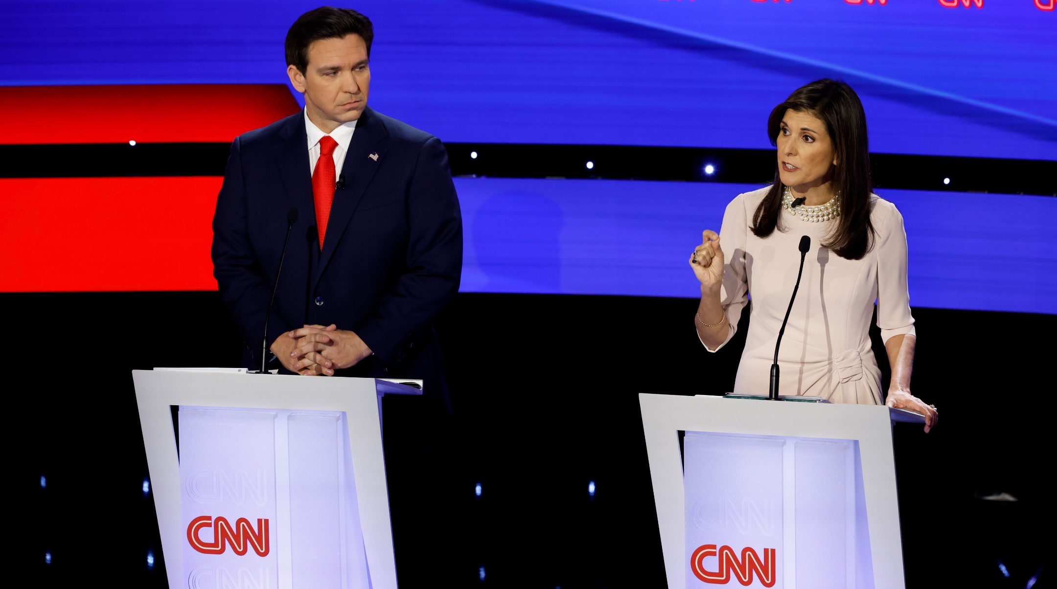 Republican presidential candidates Florida Gov. Ron DeSantis and former U.N. Ambassador Nikki Haley participate in the CNN Republican Presidential Primary Debate in Sheslow Auditorium at Drake University, in Des Moines, Iowa, Jan. 10, 2024. (Chip Somodevilla/Getty Images)