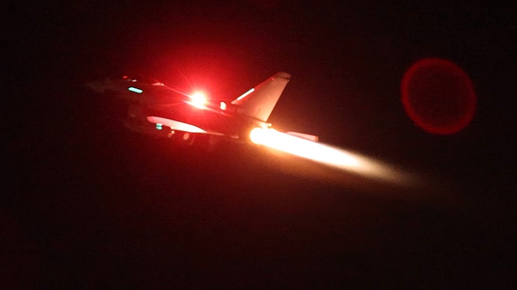 In this handout image provided by the UK Ministry of Defence, an RAF Typhoon aircraft takes off from RAF Akrotiri to join the U.S.-led coalition to conduct air strikes against Yemen’s Houthi rebels in Akrotiri, Cyprus, Jan. 11, 2024. ( MoD Crown Copyright via Getty Images)