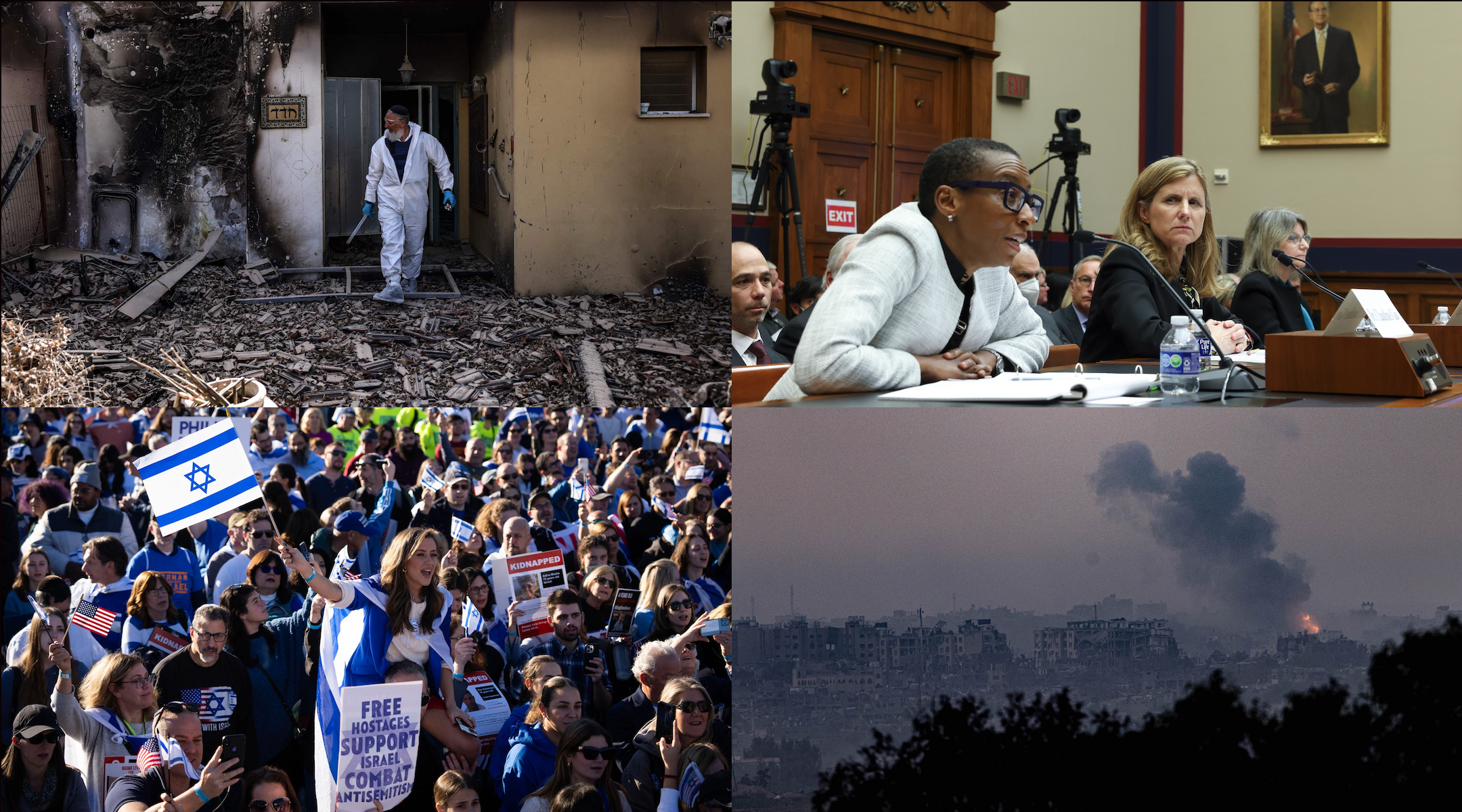 Clockwise from top left: An Israeli first responder in the ruins of a home ravaged by Hamas terrorists; The presidents of three elite universities testify in Congress in December; An Israeli airstrike in Gaza; A mass rally for Israel in Washington, D.C. in November.