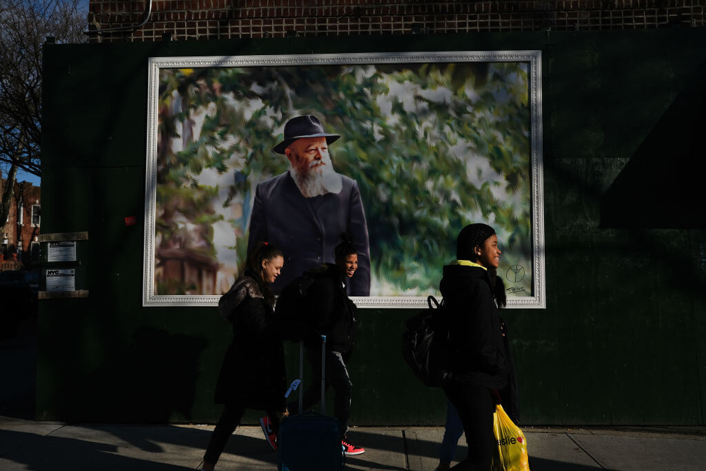 A mural of the Lubavitcher Rebbe is displayed in the Crown Heights neighborhood in Brooklyn on December 31, 2019 in New York City.