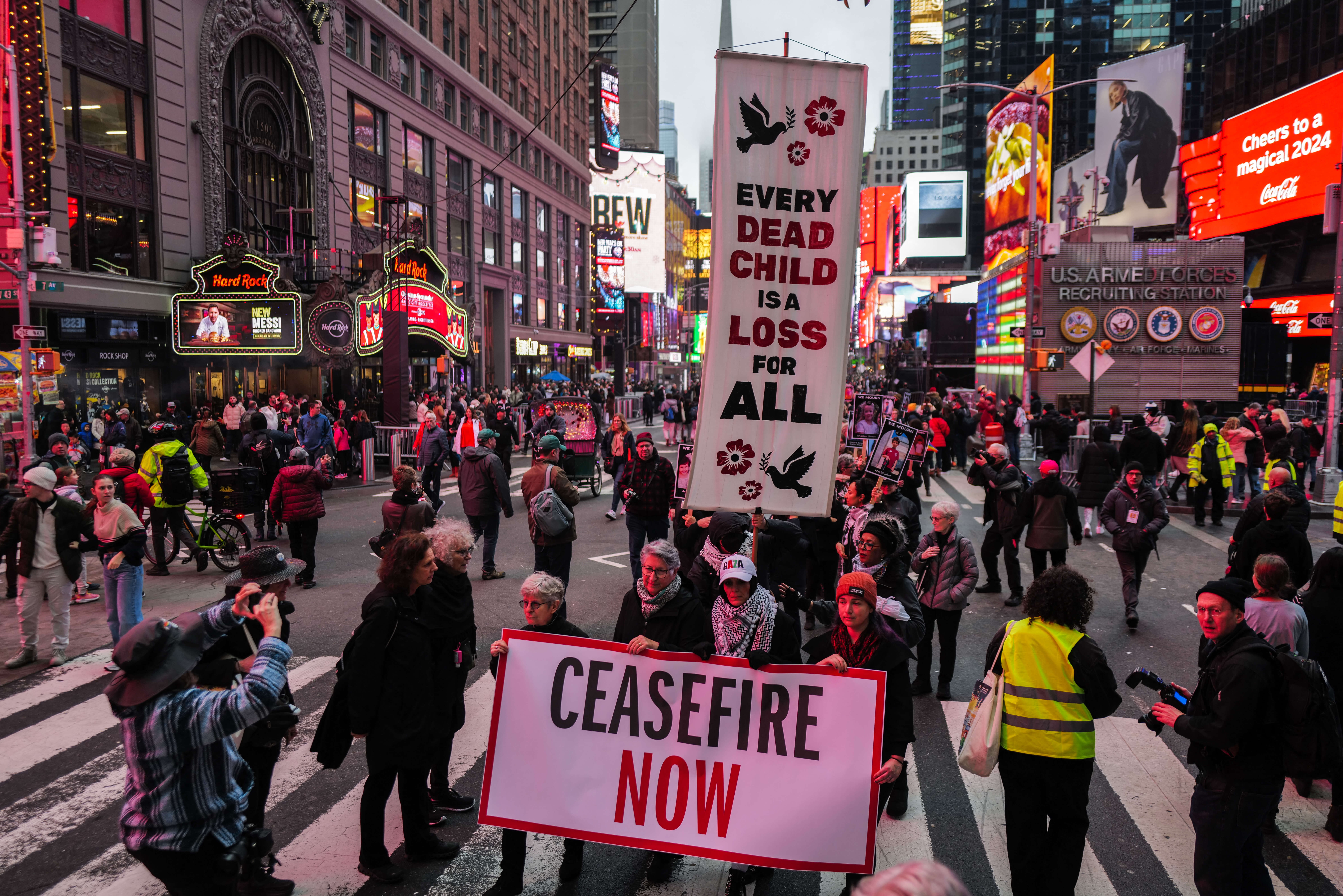 People in New York City demonstrate for a ceasefire in Gaza on December 28. The Anti-Defamation League included more than 1,300 rallies in its tally of antisemitic incidents since Oct. 7, although many of those appear to be anti-Zionist events rather than the overt forms of antisemitism the organization has historically documented.