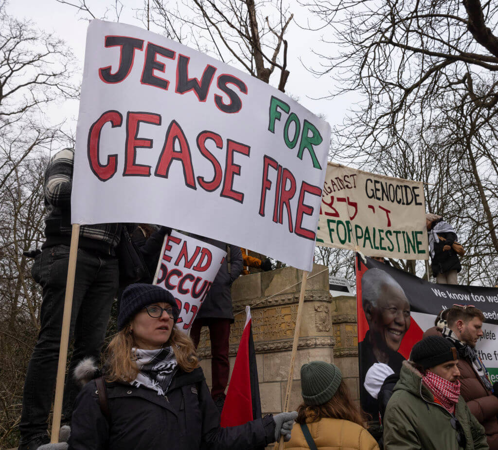 A protester outside the International Court of Justice in The Hague, Netherlands.