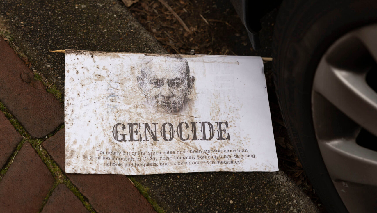 A leaflet with a drawing of Israeli Prime Minister Benjamin Netanyahu and the text 'genocide' lies on the curbside in front of the International Court of Justice on January 12 in The Hague, Netherlands.