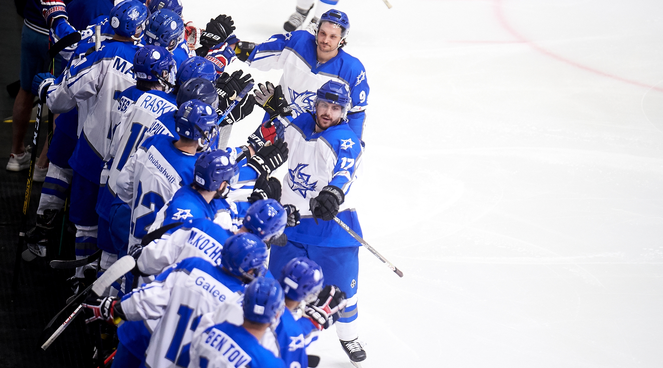 Israeli players celebrating a goal during the IIHF Ice Hockey World Championship match between Israel and Georgia, April 17, 2023, in Madrid. (Borja B. Hojas/Getty Images)