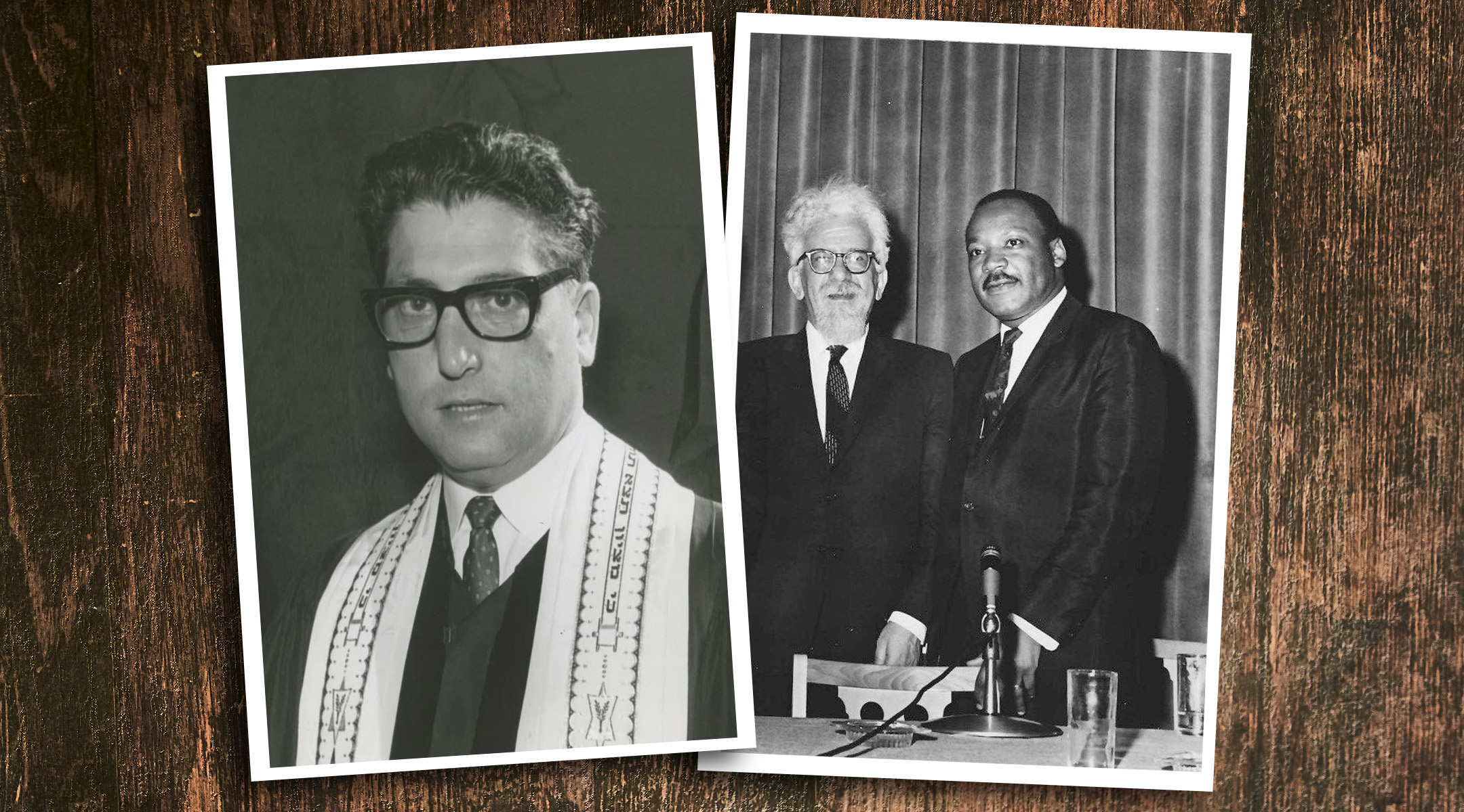 The author's father, Mordecai Rubin, was rabbi of the Wantagh Jewish Center, in Wantagh, New York. At right, Rabbi Abraham Joshua Heschel and Martin Luther King Jr. at the 68th annual convention of the Rabbinical Assembly in Kiamesha Lake, New York, March 25, 1968. (Courtesy Peter Geffen/JTS; JTA collage by Mollie Suss)