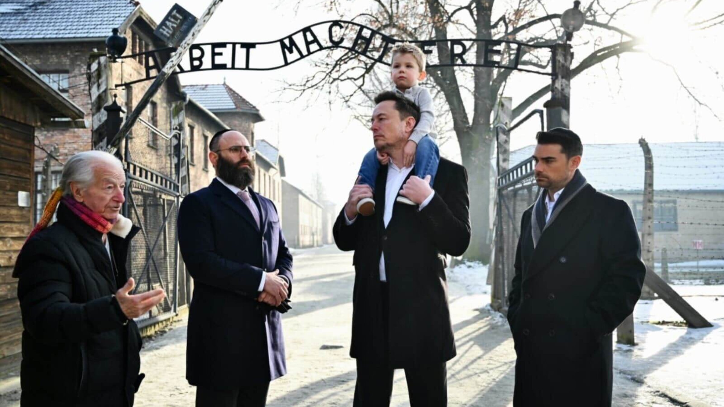 Elon Musk and his son Techno Mechanicus at the Auschwitz-Birkenau concentration camp Jan. 22.