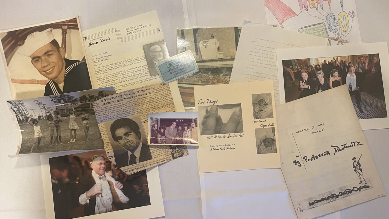 Some of the precious things I saved, including a colorized photo of my dad in the Coast Guard and a black-and-white of my mom as a girl at Camp Wingo (far left); the Jerry Davis Band bill from my 1983 bat mitzvah; a Yiddish newspaper clip about Cantor Paul Zim; photos from the opening of my dad’s butcher shop; the program from my kids’ baby naming; a portrait of my great-grandfather and a copy of his will. 