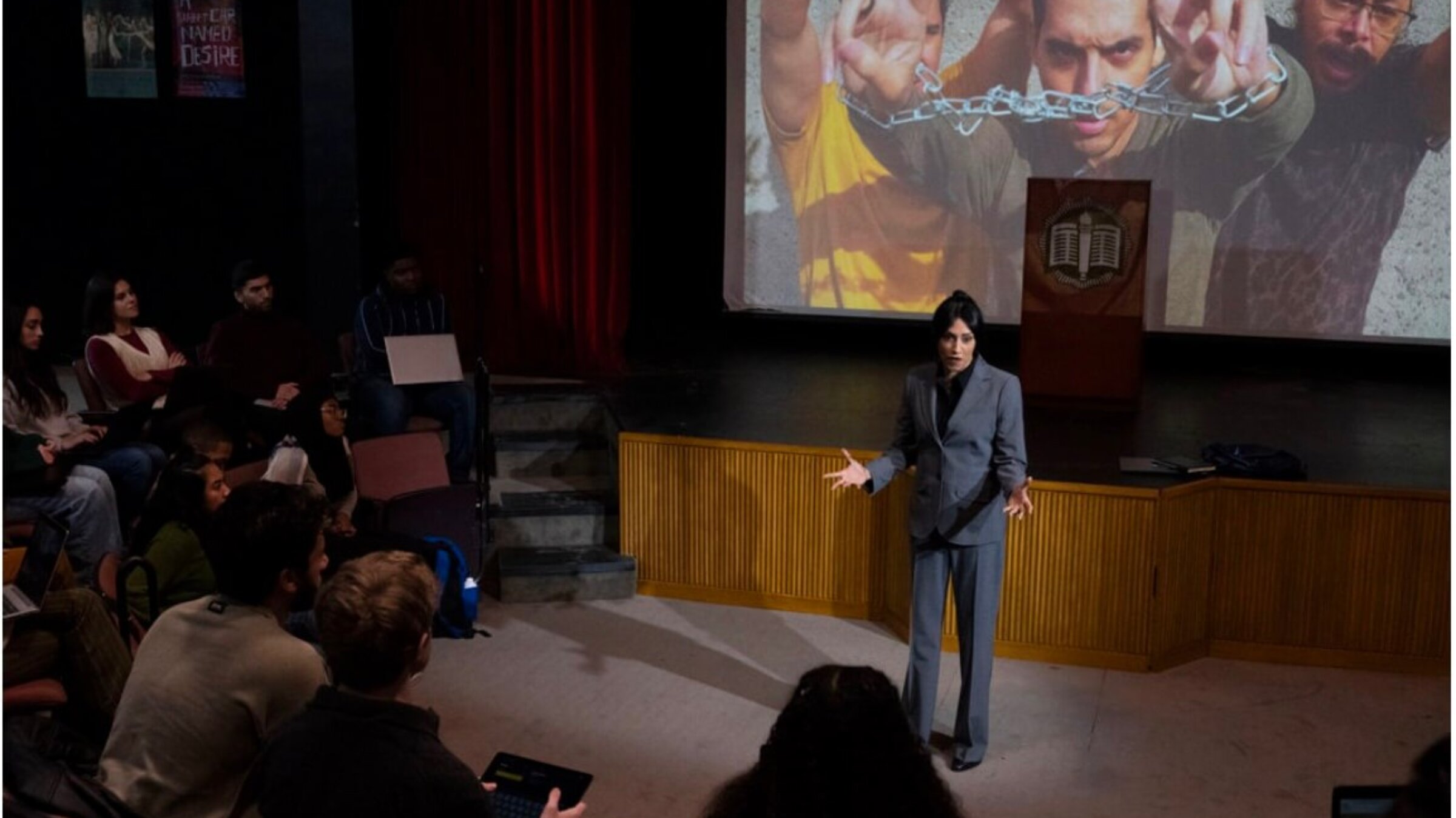 Tehmina Sunny as the pro-Palestine Professor Nasser.