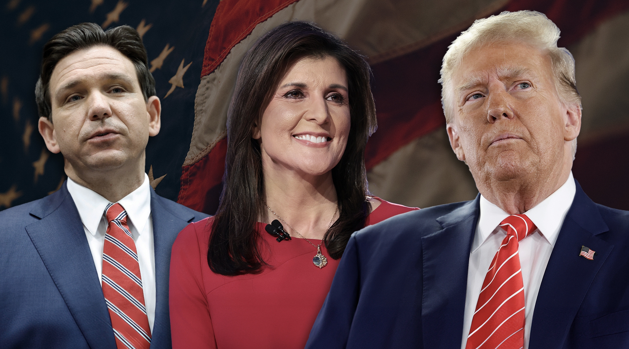 Ron De Santis, Nikki Haley and Donald Trump. (Photos by Getty Images/Background by Samuel Branch on Unsplash)