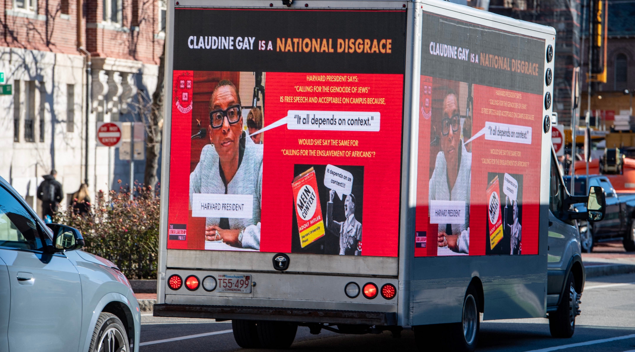 A truck calling Harvard’s then-president Claudine Gay a disgrace drives around Harvard University in Cambridge, Massachusetts on Dec. 12, 2023. Similar trucks, funded by a right-wing group and opposed by Jewish groups on campus, have projected the names and images of members of Harvard student groups who signed an anti-Israel letter after Oct. 7, 2023. (Joseph Prezioso / AFP via Getty Images)