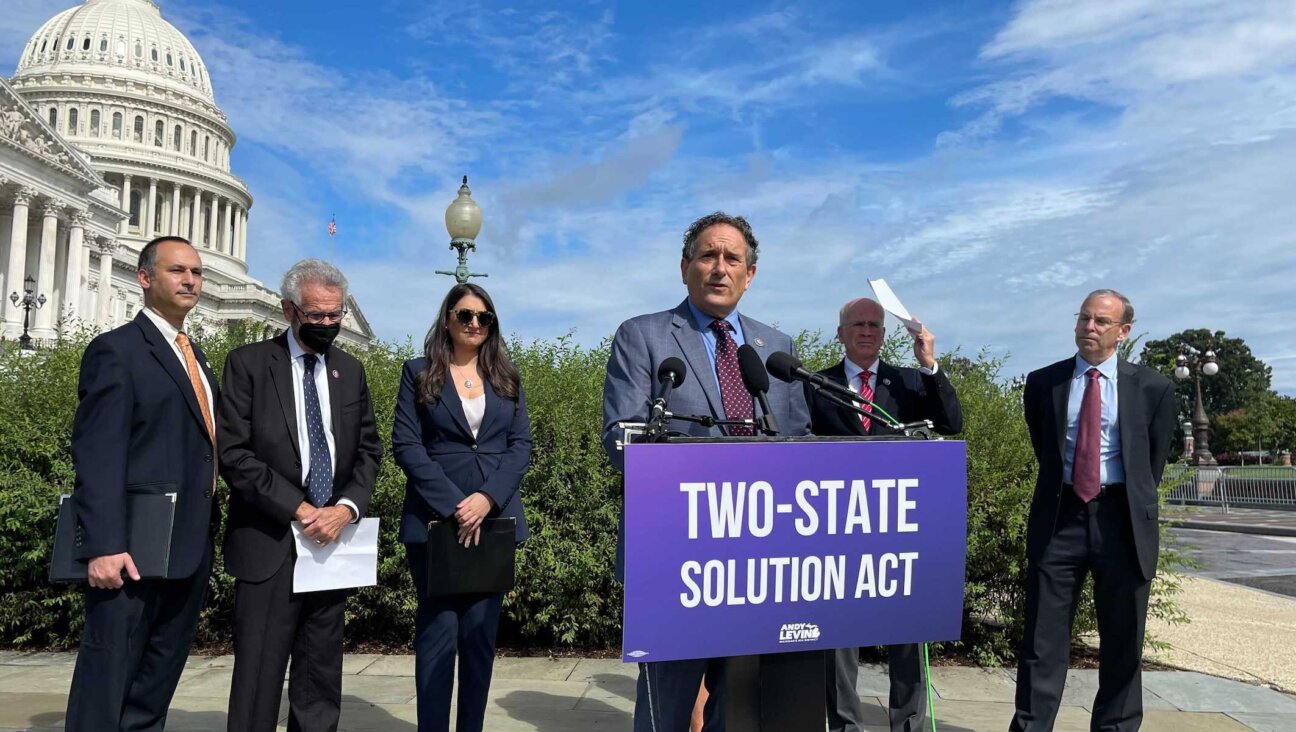 Rep. Andy Levin speaks at a press conference introducing his “Two-State Solution Act” on Capitol Hill, Sept. 23, 2021. He is flanked by, from left: Hadar Susskind, the president and CEO of Americans for Peace Now; Rep. Alan Lowenthal; Rep. Sara Jacobs; Rep. Peter Welch; and J Street President Jeremy Ben-Ami. (Ron Kampeas)