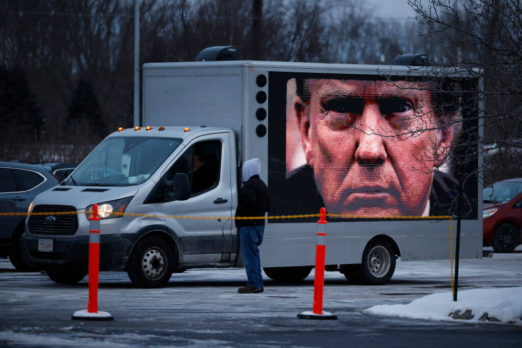 A digital billboard truck sponsored by the Lincoln Project in New Hampshire Jan. 19.