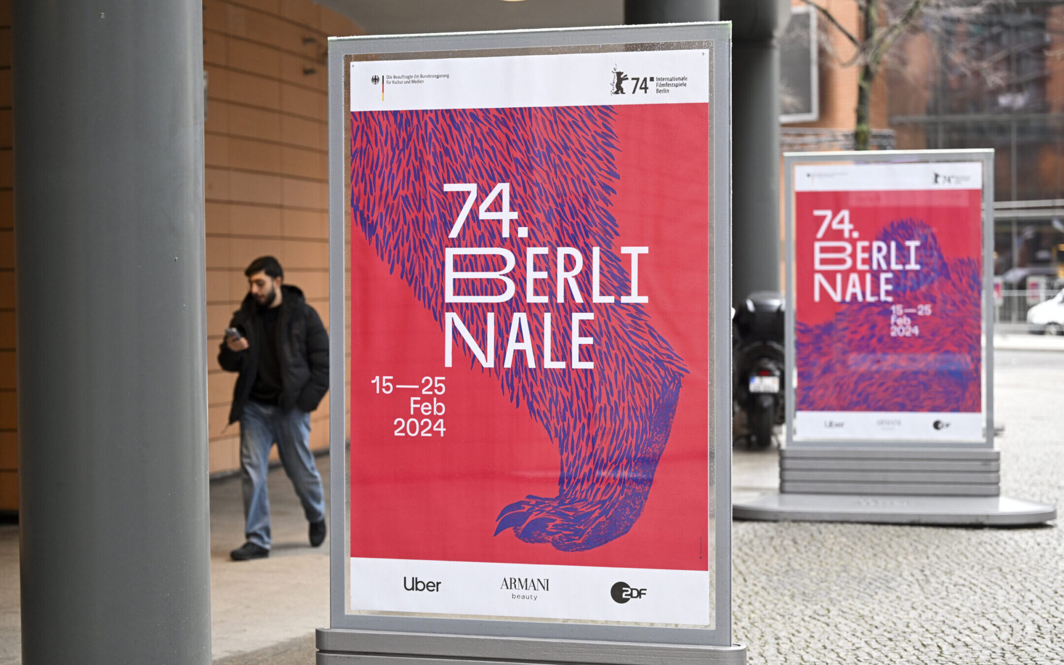The Berlin International Film Festival banner is seen as preparations for the 74th Berlin International Film Festival (Berlinale) is underway in Berlin, Feb. 9, 2024. (Halil Sarkaya/Anadolu via Getty Images)