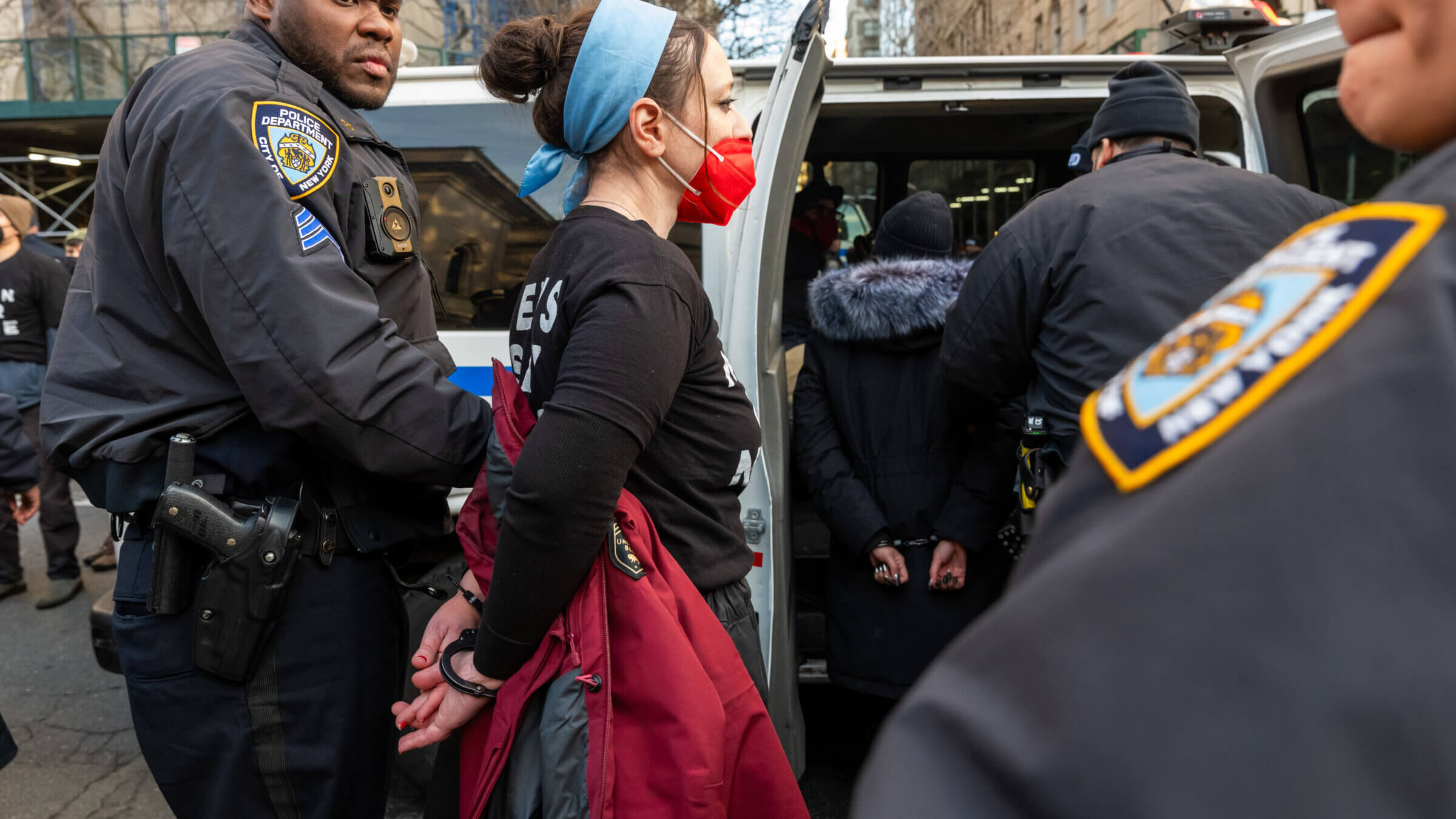 Members of the activist group Jewish Voice for Peace and other Palestinian activists are arrested while protesting President Joe Biden's position on Israel during his visit to Manhattan on February 7. The protesters briefly shut down traffic along 5th Avenue in front of the Metropolitan Museum of Art.