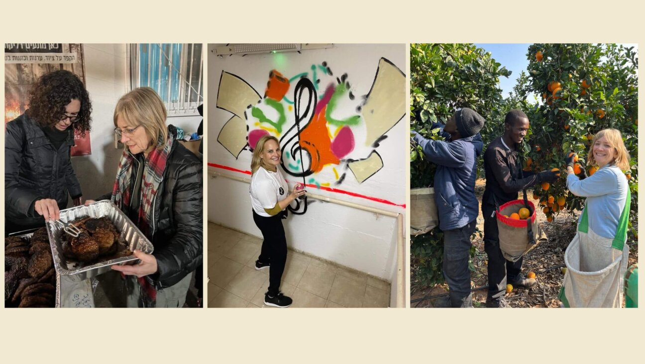 Scenes from a volunteer trip to Israel. From left to right: Alison Leigh Cowan brings fresh-grilled burgers to Annette Pimentel who is serving them at an army base in Modi’in; Tehillah Blech Harris helps paint a mural for a bunker used by children at Migdal Ohr; and Cowan with two recent hires from Uganda picking oranges at B’nei Dror.