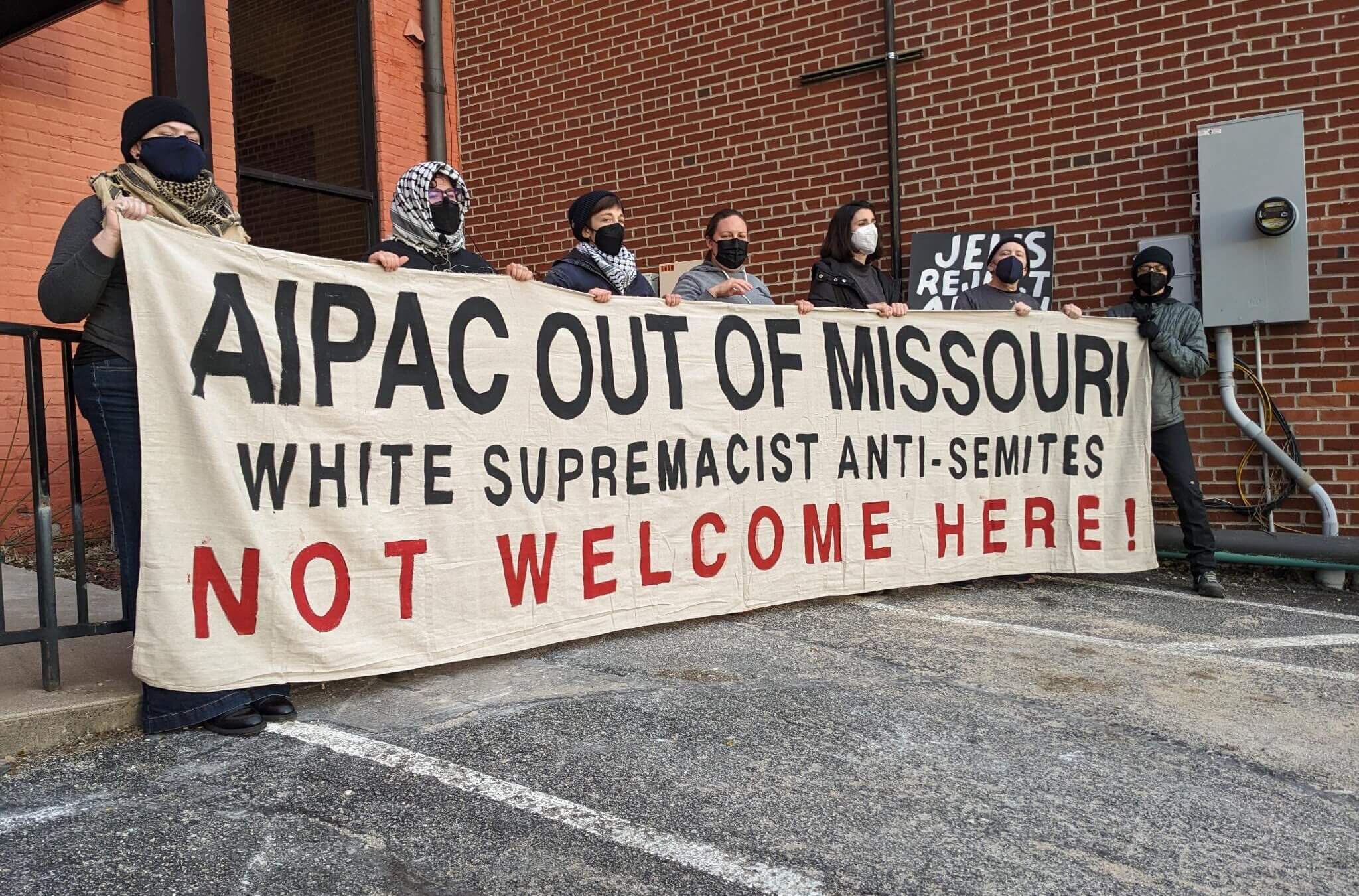 Protesters outside an AIPAC dinner in Jefferson City, Missouri, on Feb. 6.