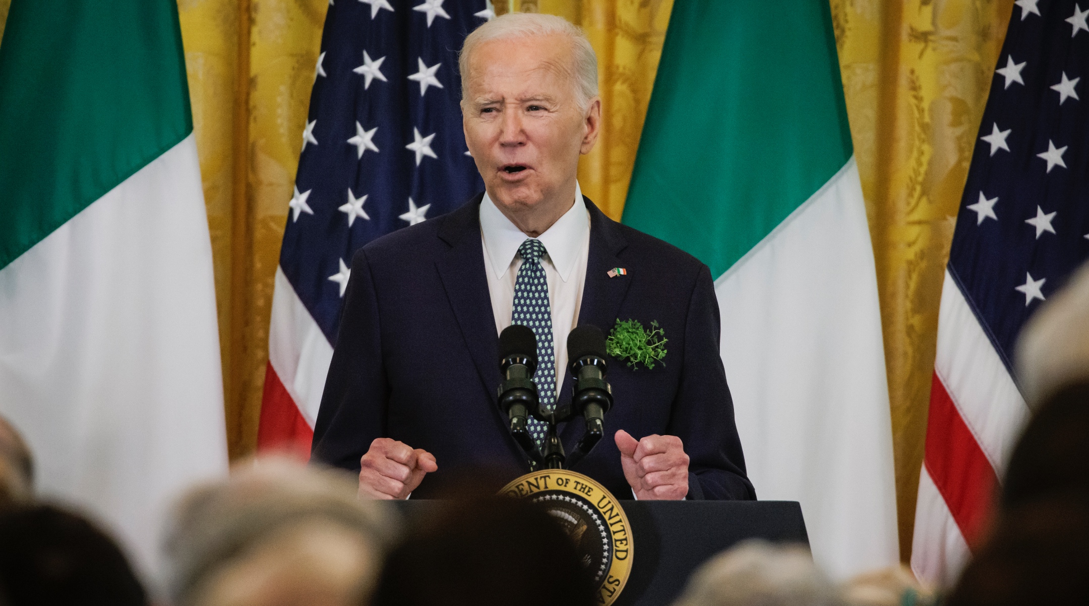 President Joe Biden speaks during a Saint Patrick’s Day event with Irish Taoiseach Leo Varadkar in the East Room of the White House, March 17, 2024 in Washington, DC. (Samuel Corum/Getty Images)