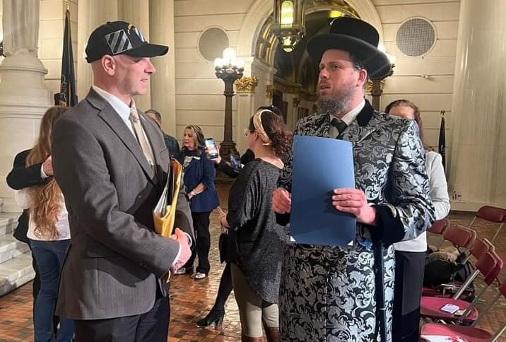 Pennsylvania State Sen. Doug Mastriano (R) with Rabbi Joseph Kolakowski on March 11, 2024. 