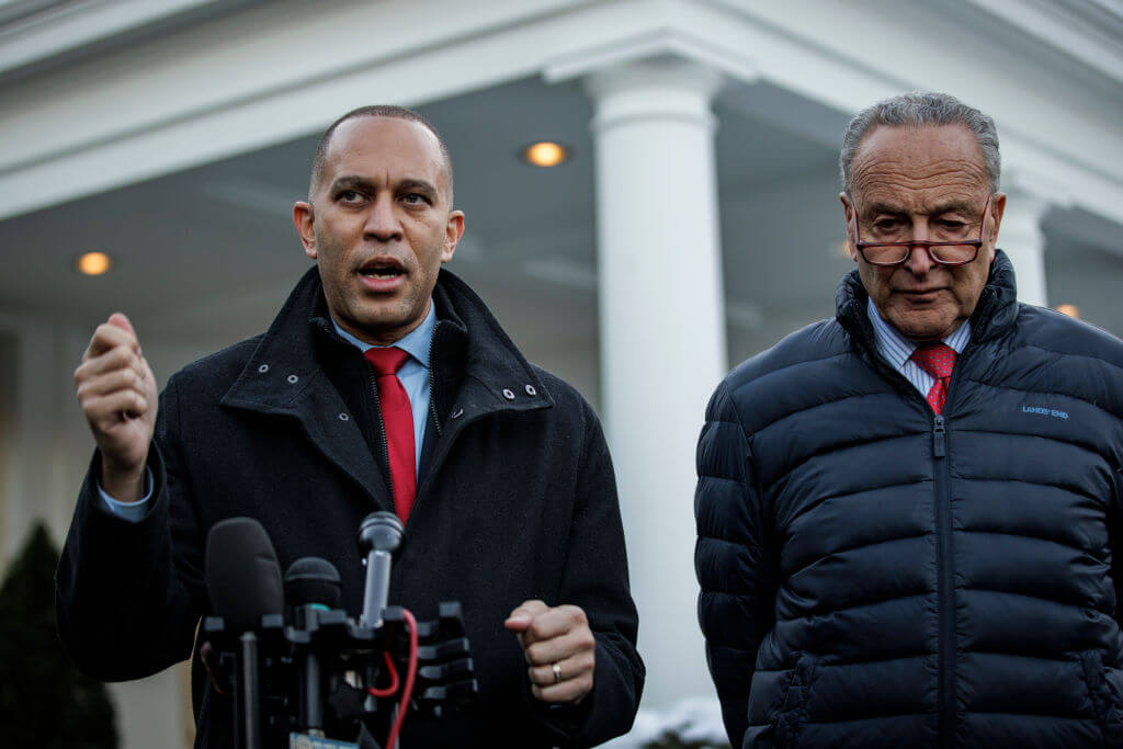 House Minority Leader Hakeem Jeffries alongside Senate Majority Leader Chuck Schumer on Jan. 17, 2024. 