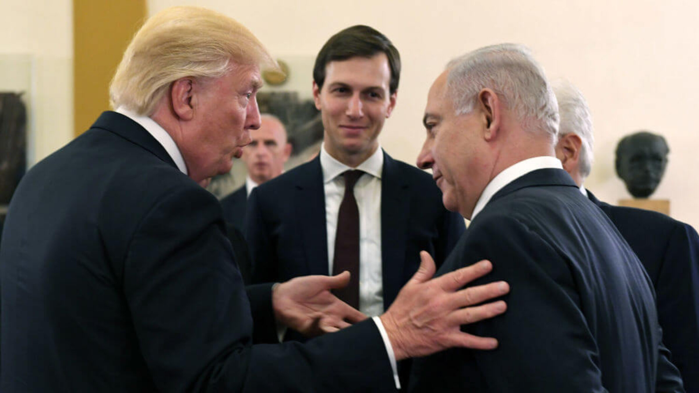 In this handout photo provided by the Israel Government Press Office (GPO), former US President Donald J Trump (L) and former White House senior adviser Jared Kushner met with Israel Prime Minister Benjamin Netanyahu (R) at the King David Hotel May 22, 2017 in Jerusalem, Israel. 