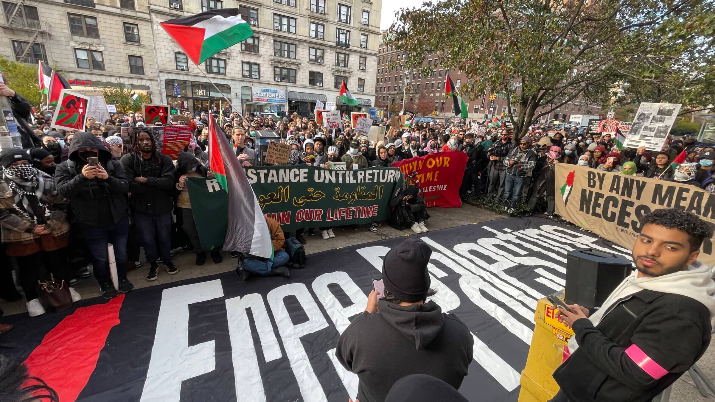 Pro-Palestinian protesters rallying outside Columbia University main campus in Nov. 2023.