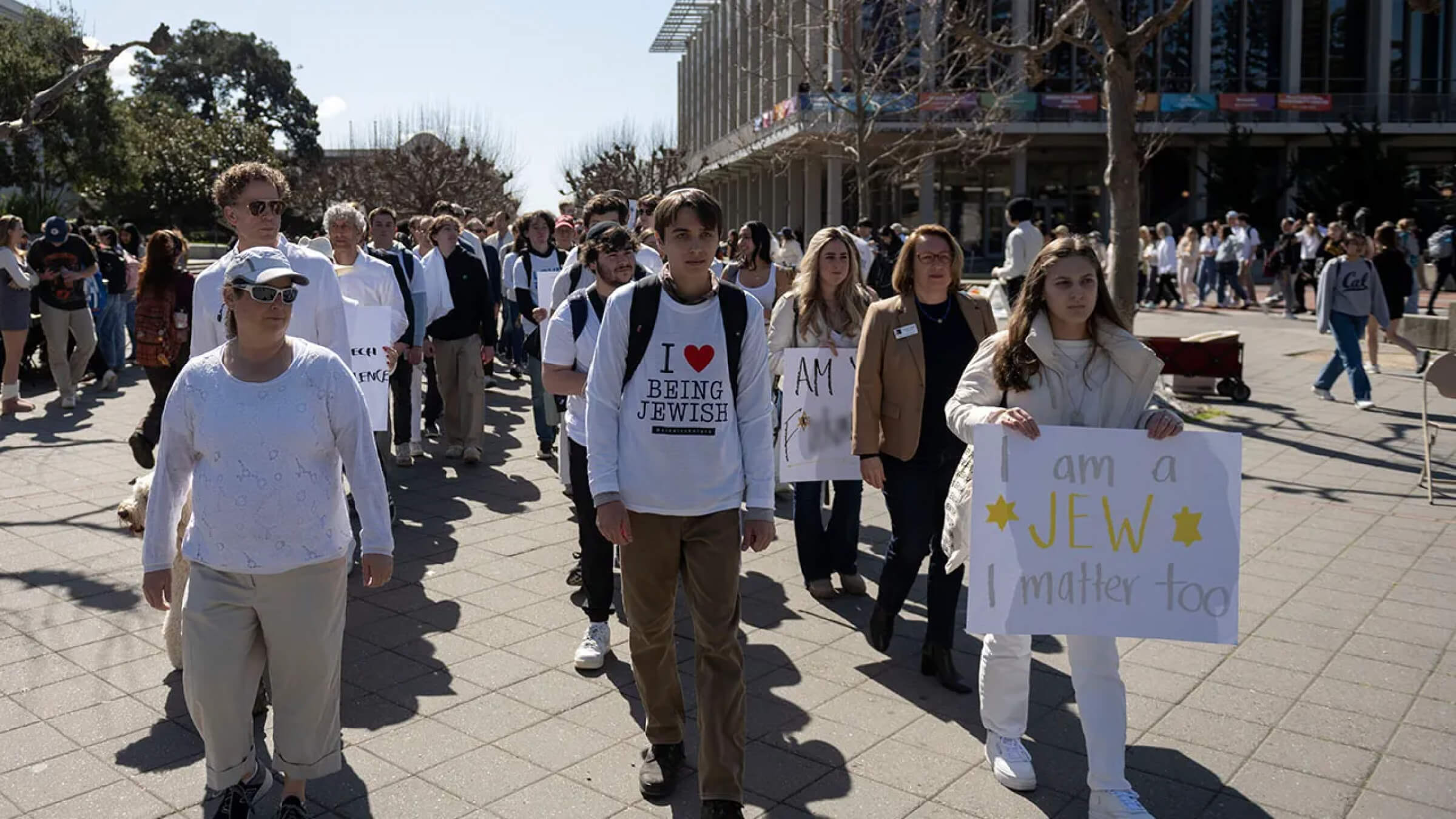 Demonstrators approach Sather Gate at UC Berkeley during a protest against antisemitism on campus, March 11, 2024.