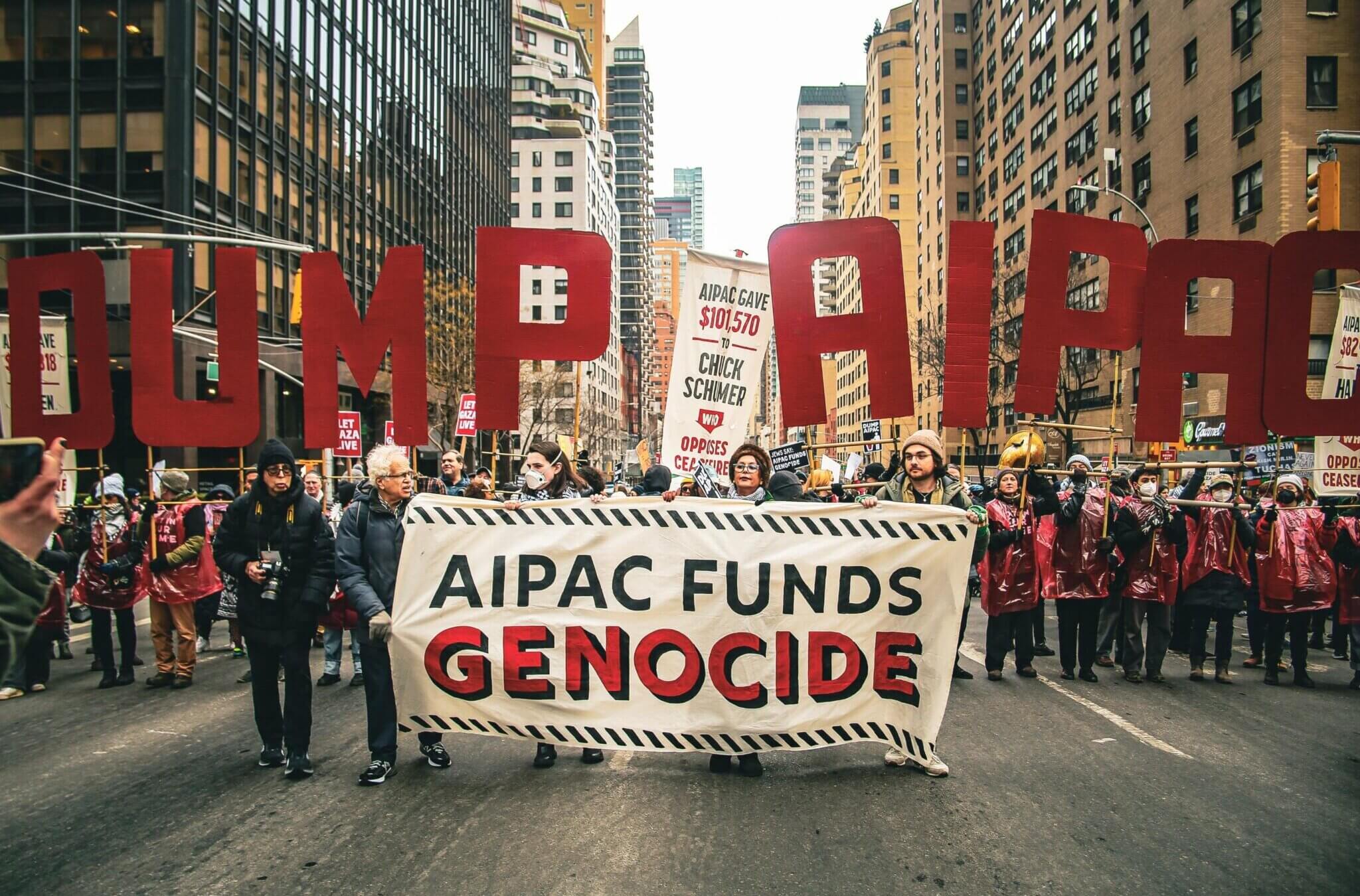 Activists protest outside AIPAC headquarters in New York City on Feb. 22, 2024.  