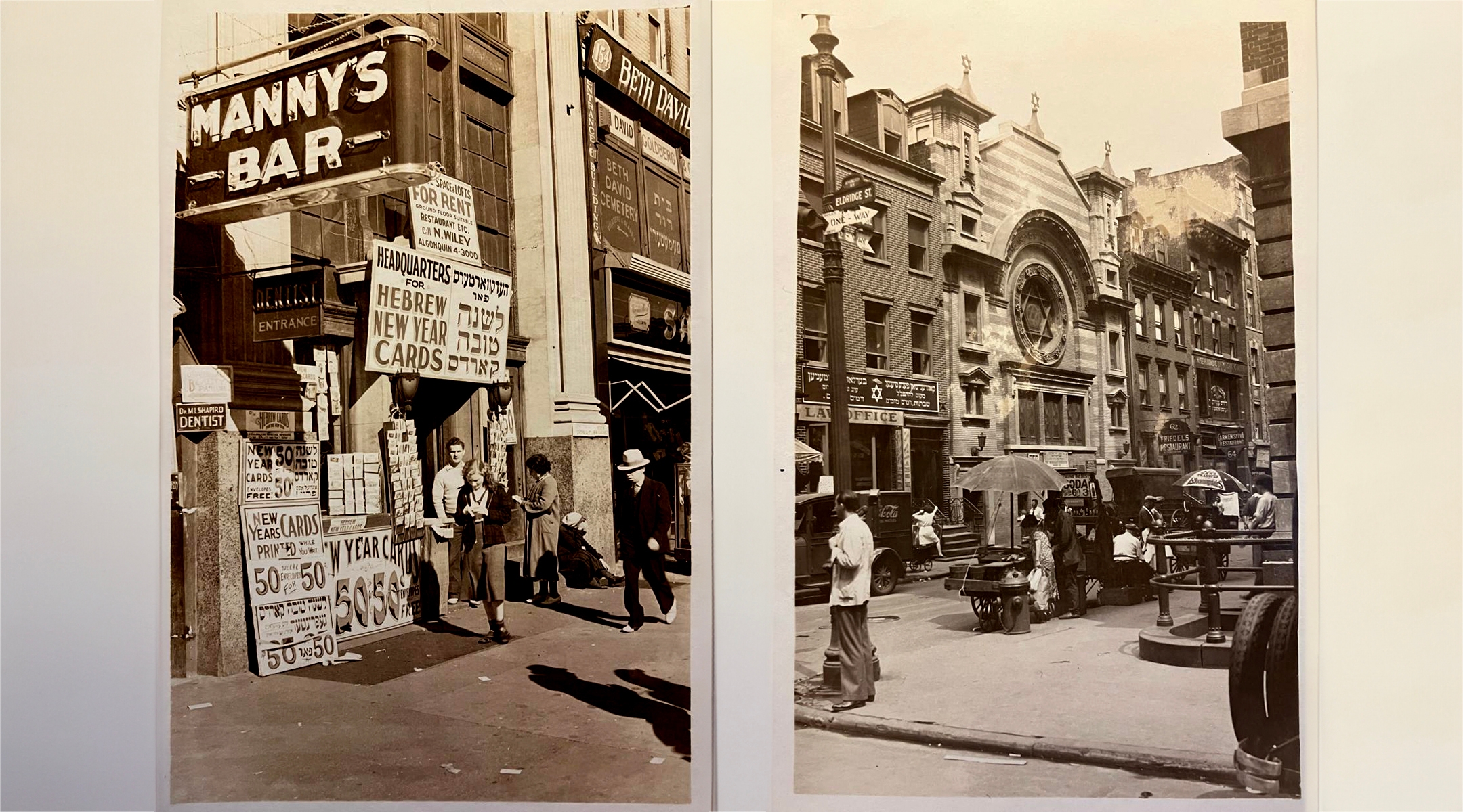 A photograph of a business selling Rosh Hashanah cards on the Lower East Side in 1936 and a photograph of the Eldridge Street Synagogue taken in 1930, both by Percy Loomis Sperr. (Courtesy Irma and Paul Milstein Division of United States History, Local History and Genealogy, The New York Public Library.)