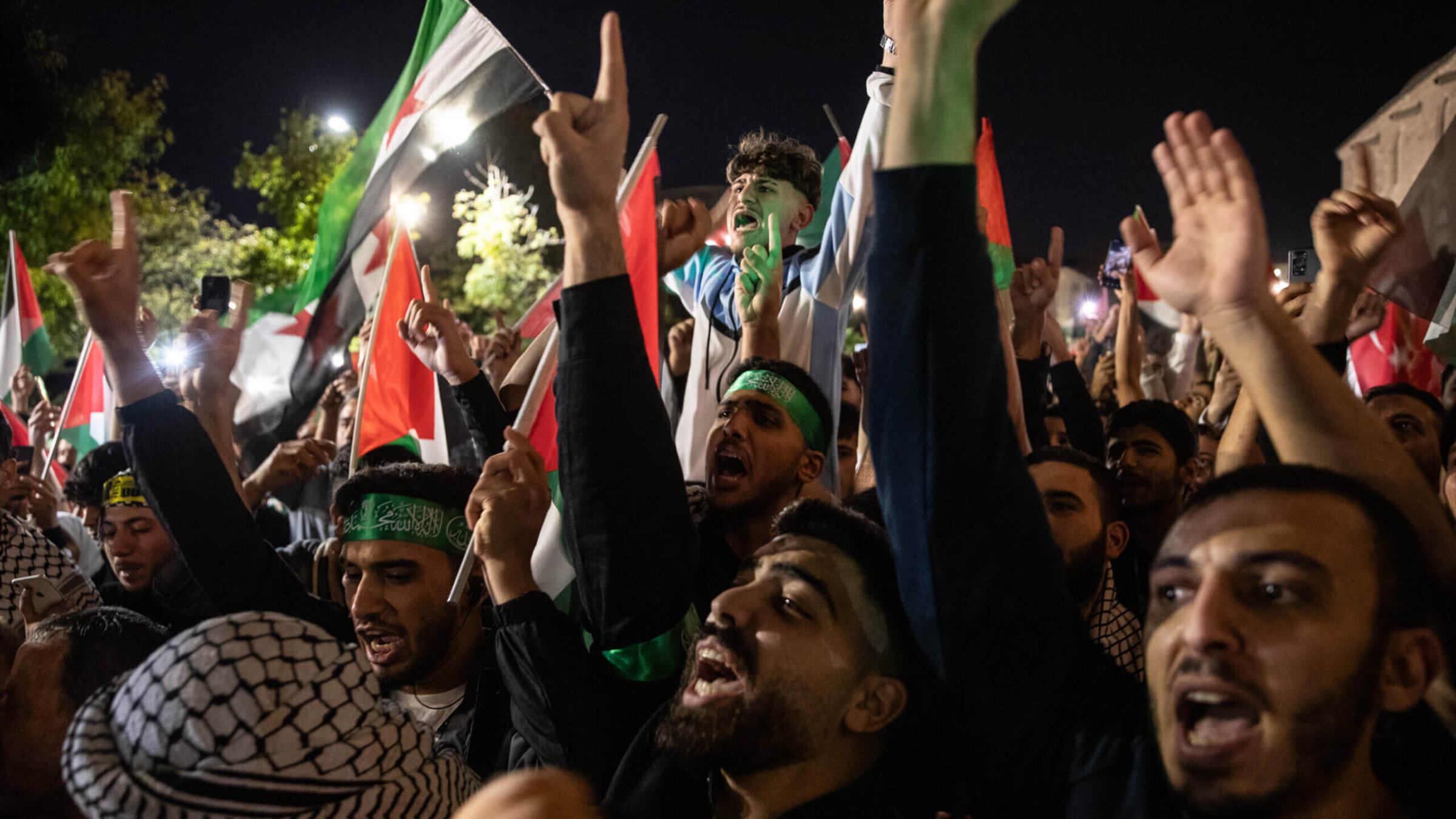 People gather in support of the Hamas attacks at Fatih Mosque on Oct. 7 in Istanbul.