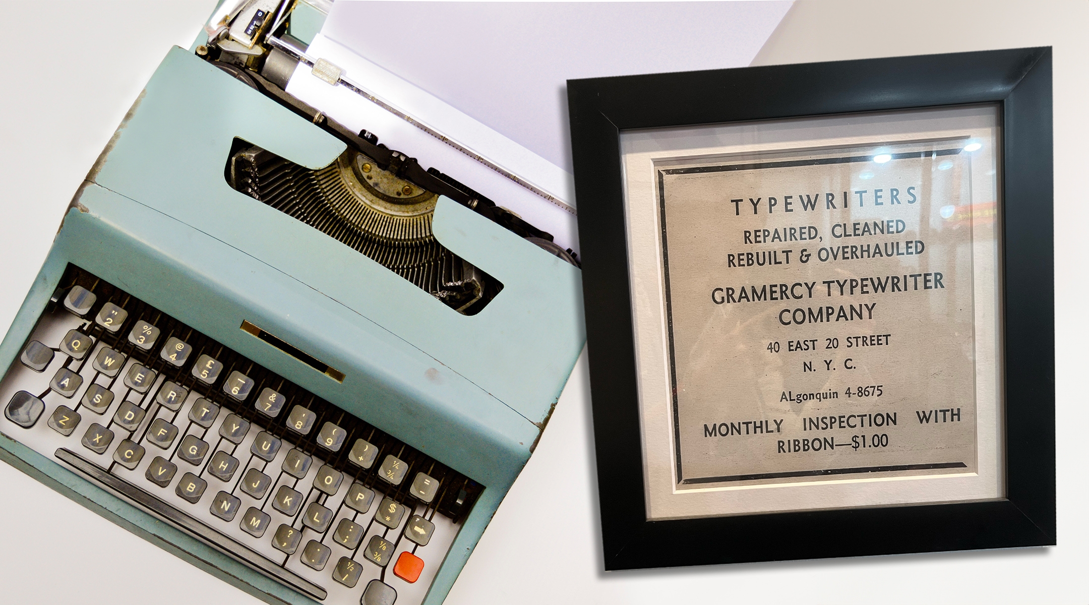 Gramercy Typewriter Company was opened by Abraham Schweitzer in 1932; today it is owned and operated by his son and grandson, Paul and Jay Schweitzer. (Collage by Mollie Suss)