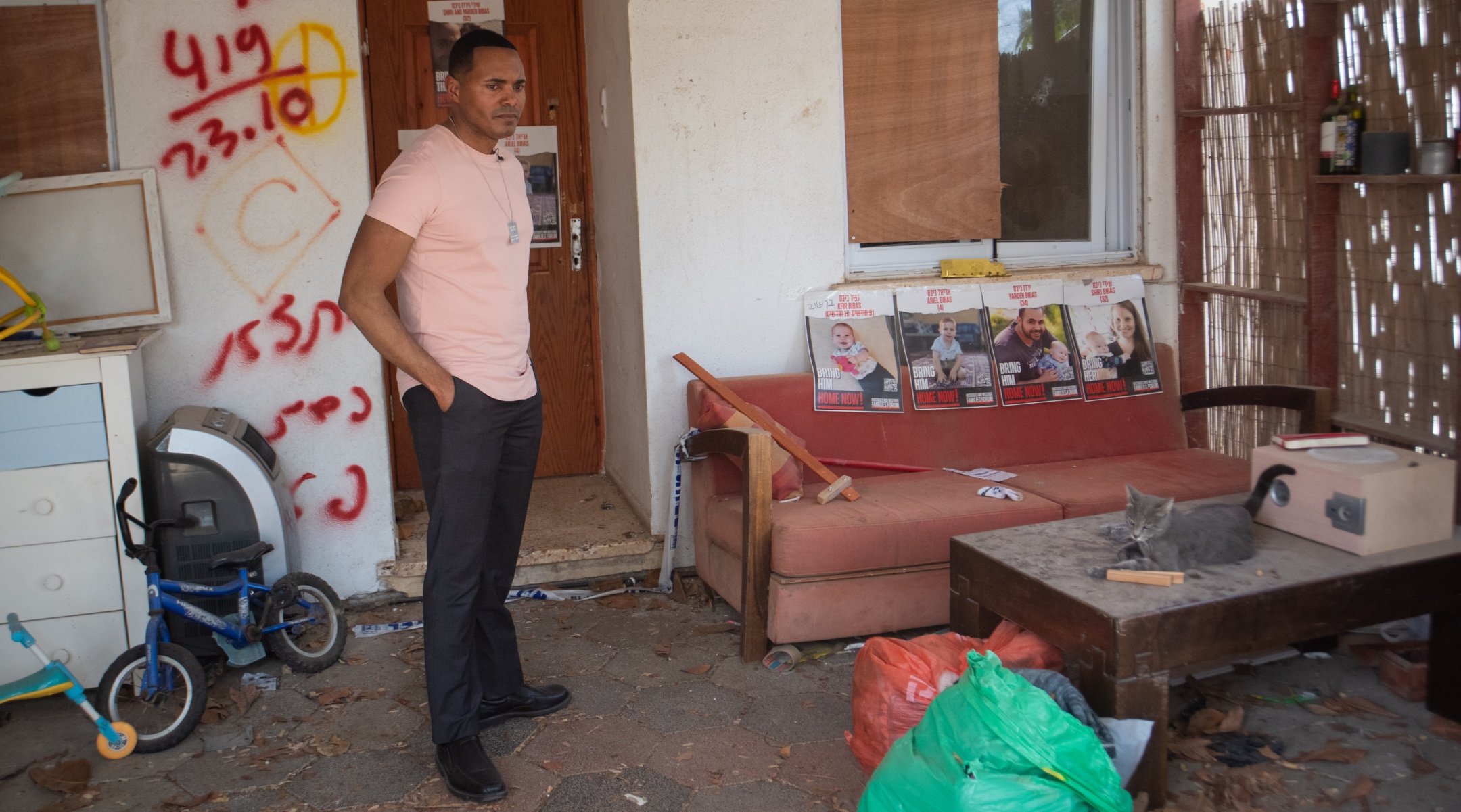 U.S. Rep. Ritchie Torres, a New York Democrat, at a house in Kibbutz Nir Oz, Israel, March 31, 2024. (Gabriel Sod, Courtesy of UJA-Federation)