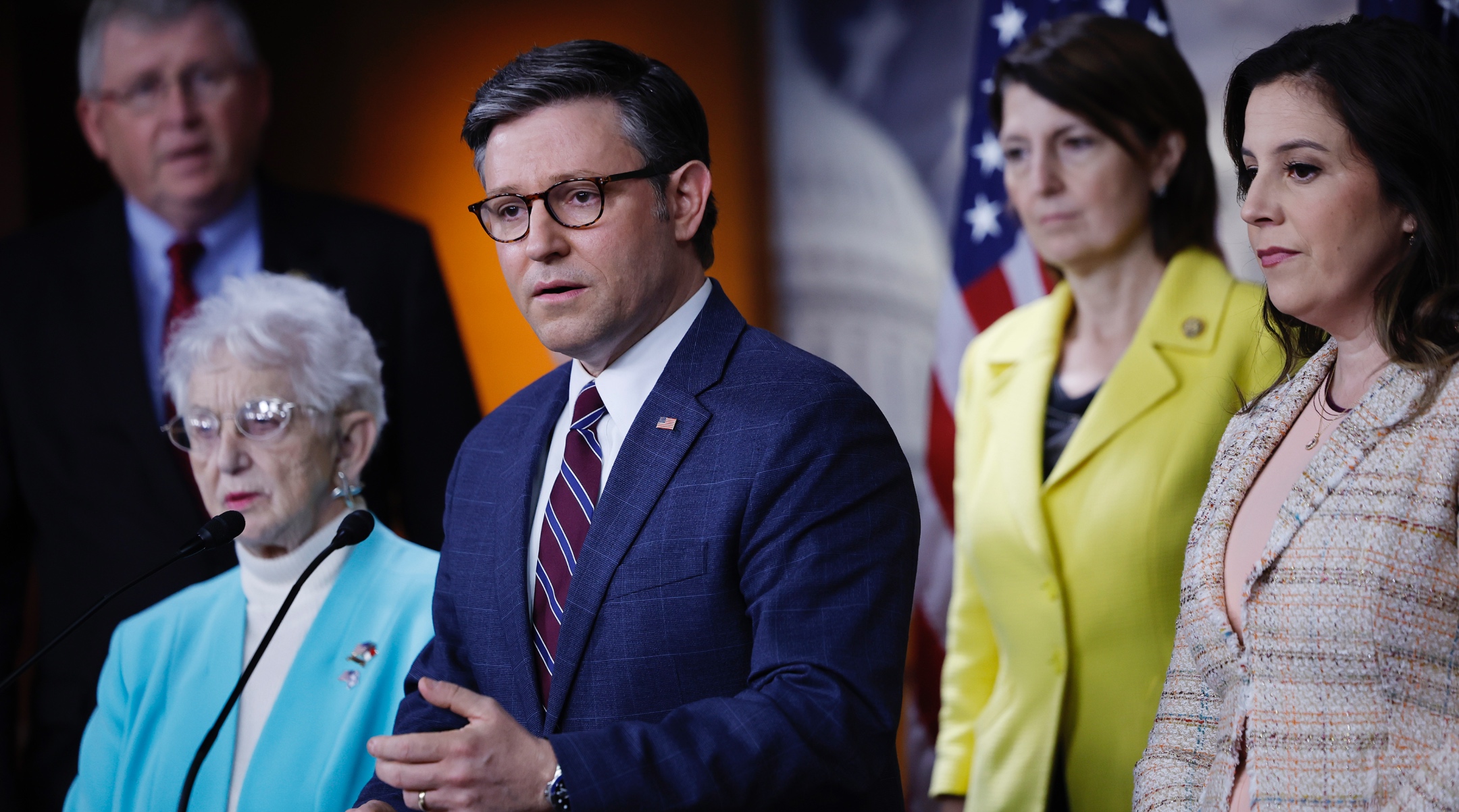 Speaker of the House Mike Johnson (a Louisiana Republican (center) leads a news conference with Republican committee chairs, including, left to right, House Science Committee Chair Frank Lucas of Oklahoma, House Committee on Education and the Workforce Virginia Foxx of North Carolina, House Energy and Commerce Committee Chair Cathy McMorris Rogers of Washington and Republican Conference Chair Elise Stefanik of New York, to decry pro-Palestinian protests at universities across the country at the U.S. Capitol Visitors Center, April 30, 2024. (Chip Somodevilla/Getty Images)