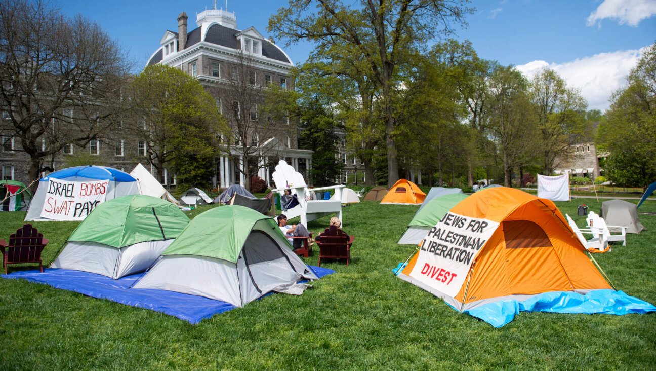 Demonstrators occupy a makeshift protest camp at Swarthmore College on April 24.