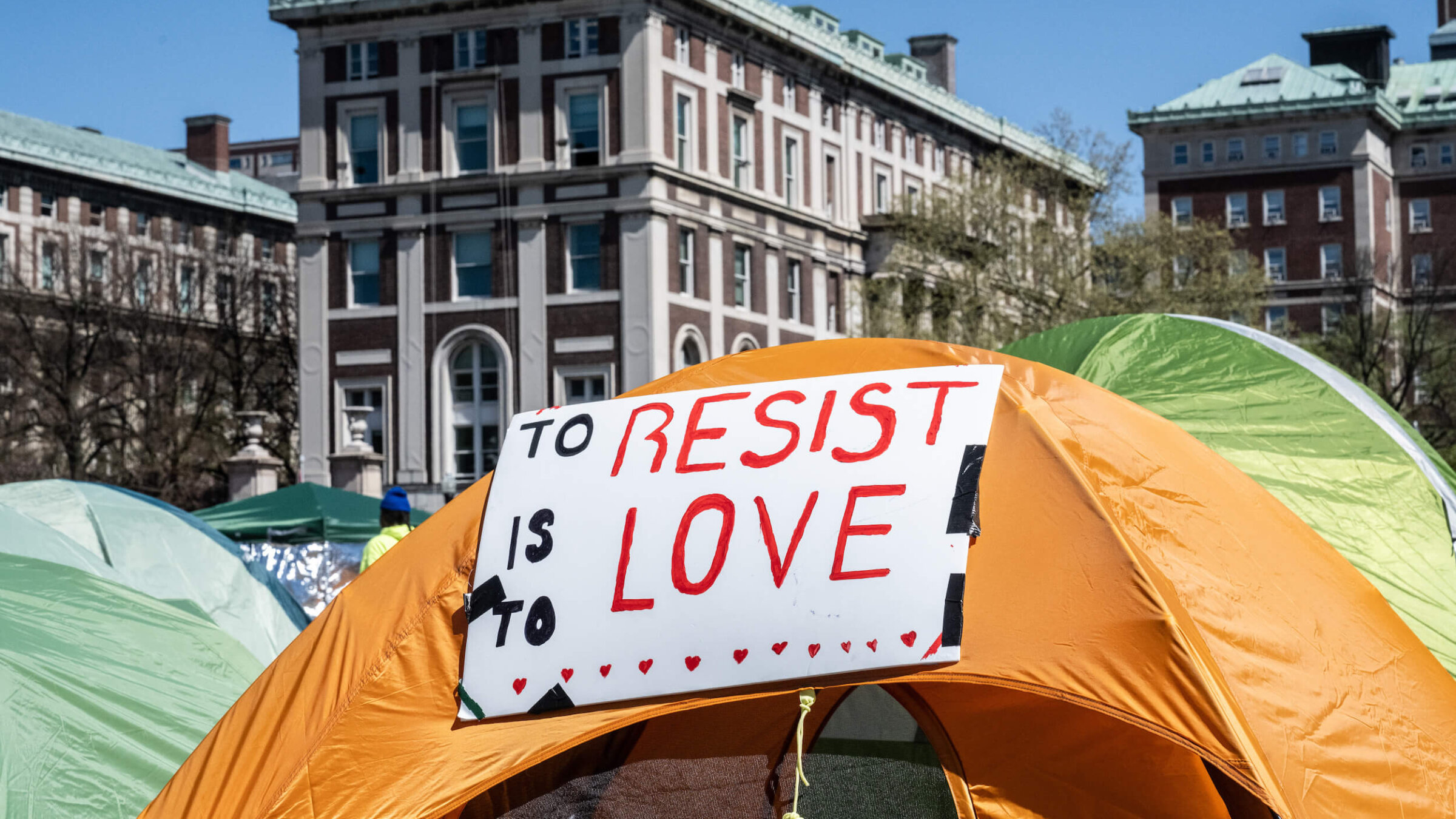 Pro-Palestinian demonstrators at an encampment at Columbia University. 