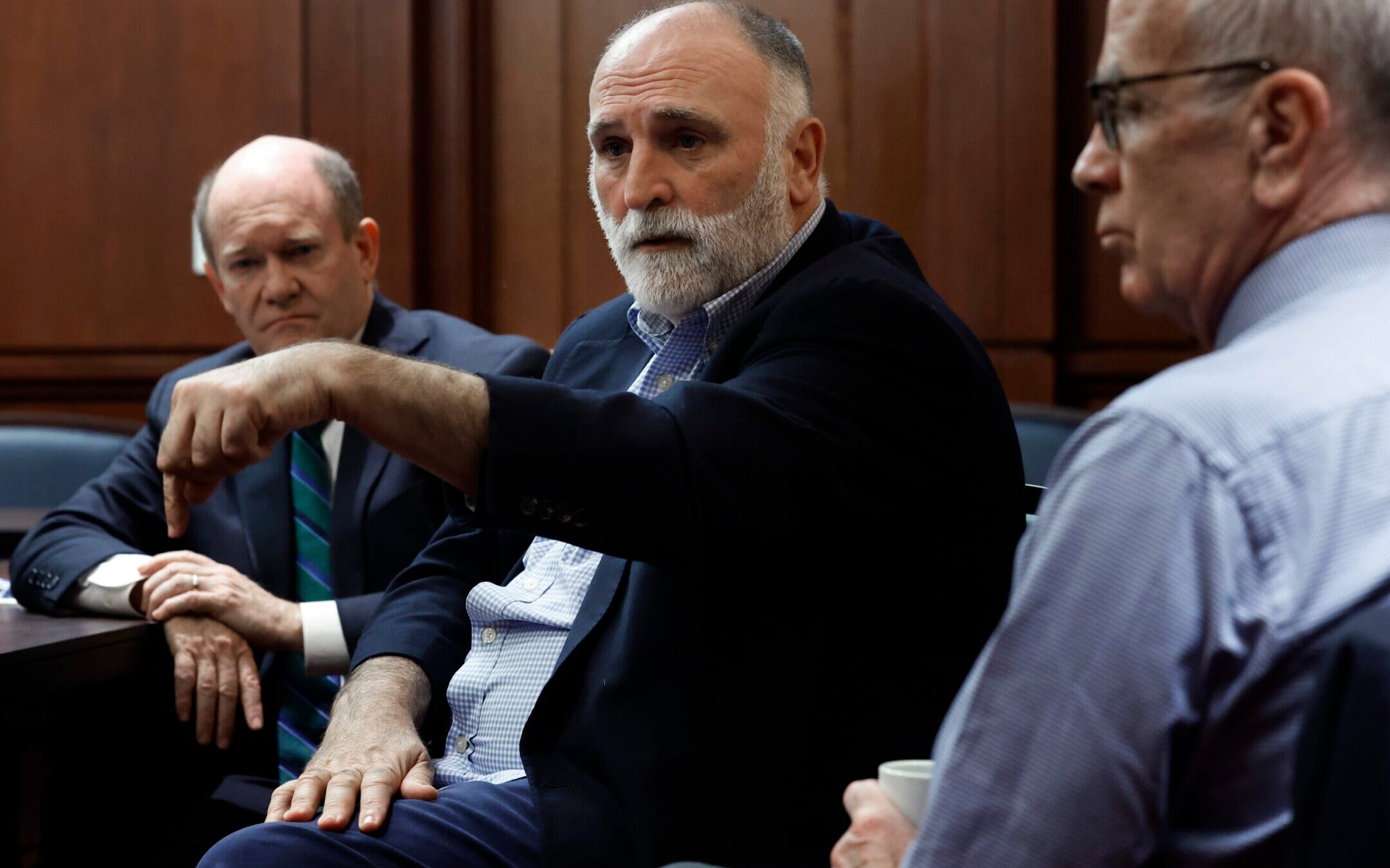 Celebrity chef and World Central Kitchen founder Jose Andres, center, joins Sen. Chris Coons and Sen. Peter Welch following a meeting about getting humanitarian aid to Gaza at the U.S. Capitol, March 14, 2024. (Chip Somodevilla/Getty Images)