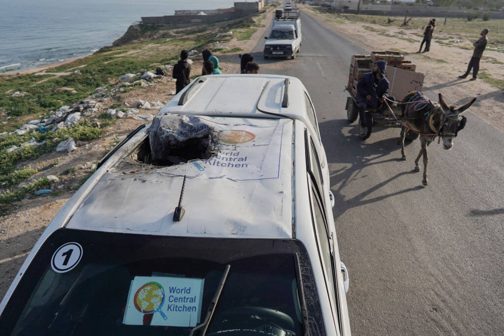 A car used by US-based aid group World Central Kitchen was hit by an Israeli strike while delivering food to Gaza.