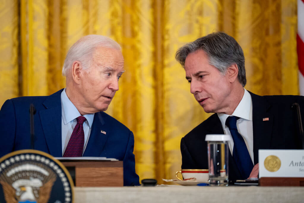 President Joe Biden speaks with Secretary of State Antony Blinken on April 11, 2024. 