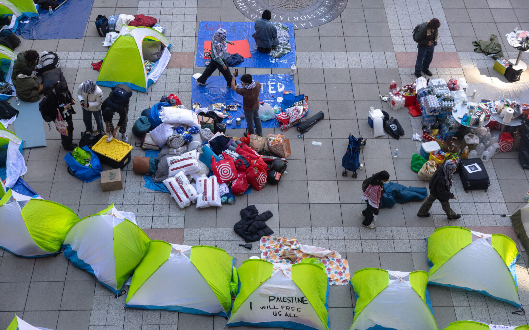 New York University students set up a “Liberated Zone” tent encampment in Gould Plaza at NYU Stern School of Business on April 22, 2024 in New York City. NYU students joined the growing number of students in colleges throughout the country to set up tent encampments on school grounds calling on their schools to divest from Israel and a ceasefire in Gaza. (Michael M. Santiago/Getty Images)