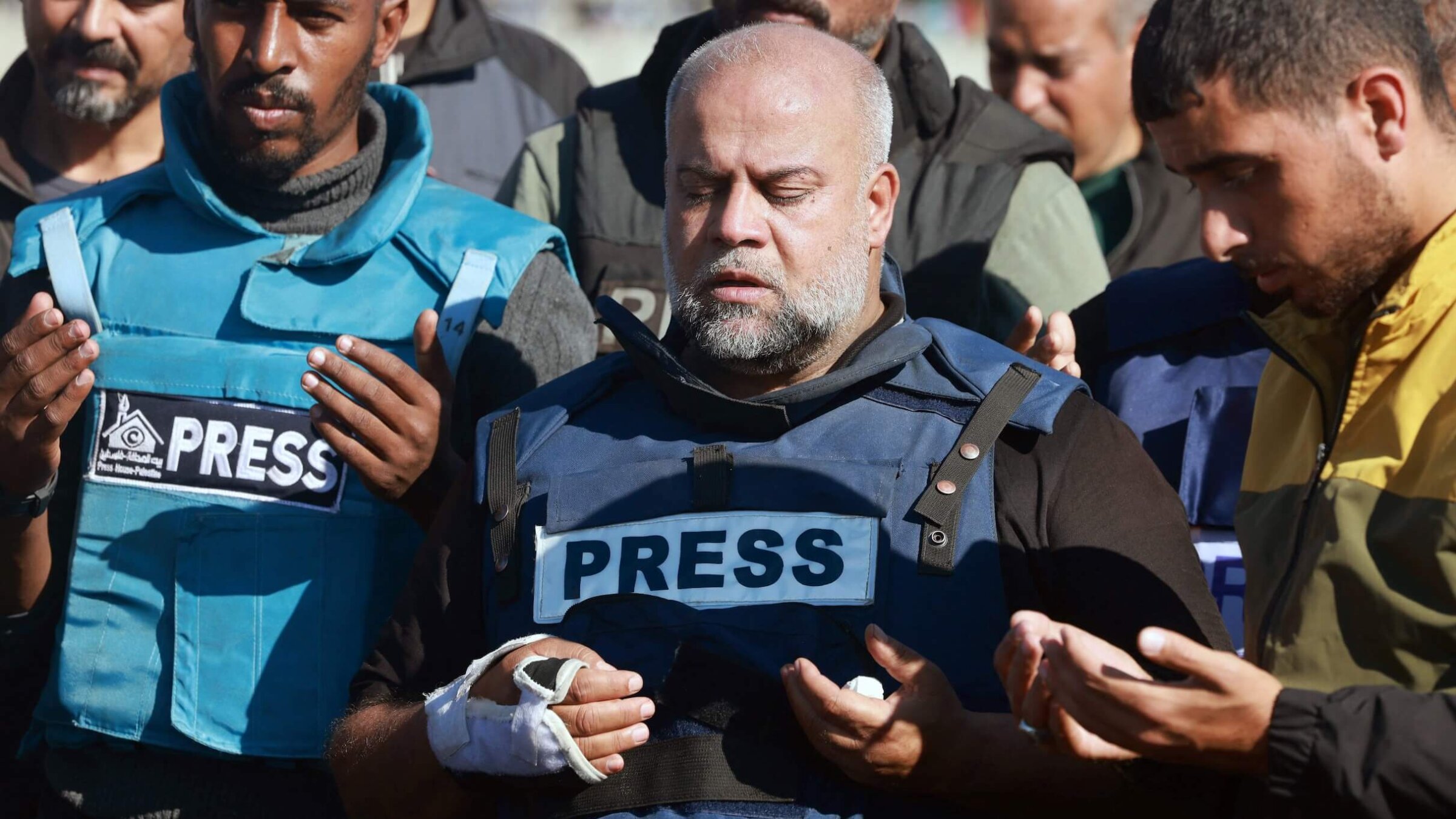 Al Jazeera's Gaza bureau chief, Wael Al-Dahdouh, prays during the funeral of his son Hamza Wael Dahdouh, also a journalist with the Al Jazeera television network, who was killed in a reported Israeli air strike in Rafah in the Gaza Strip on Jan. 7.