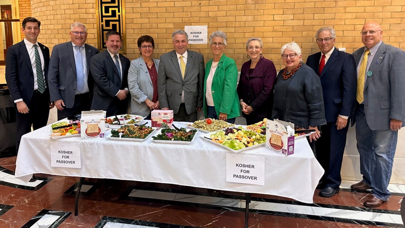 Ten of the 14 members of the Massachusetts House Kosher Caucus, including Ruth Balser (fourth from right) in the Great Room at the historic statehouse on Beacon Hill, in Boston, April 24, 2024. (Courtesy Balser)