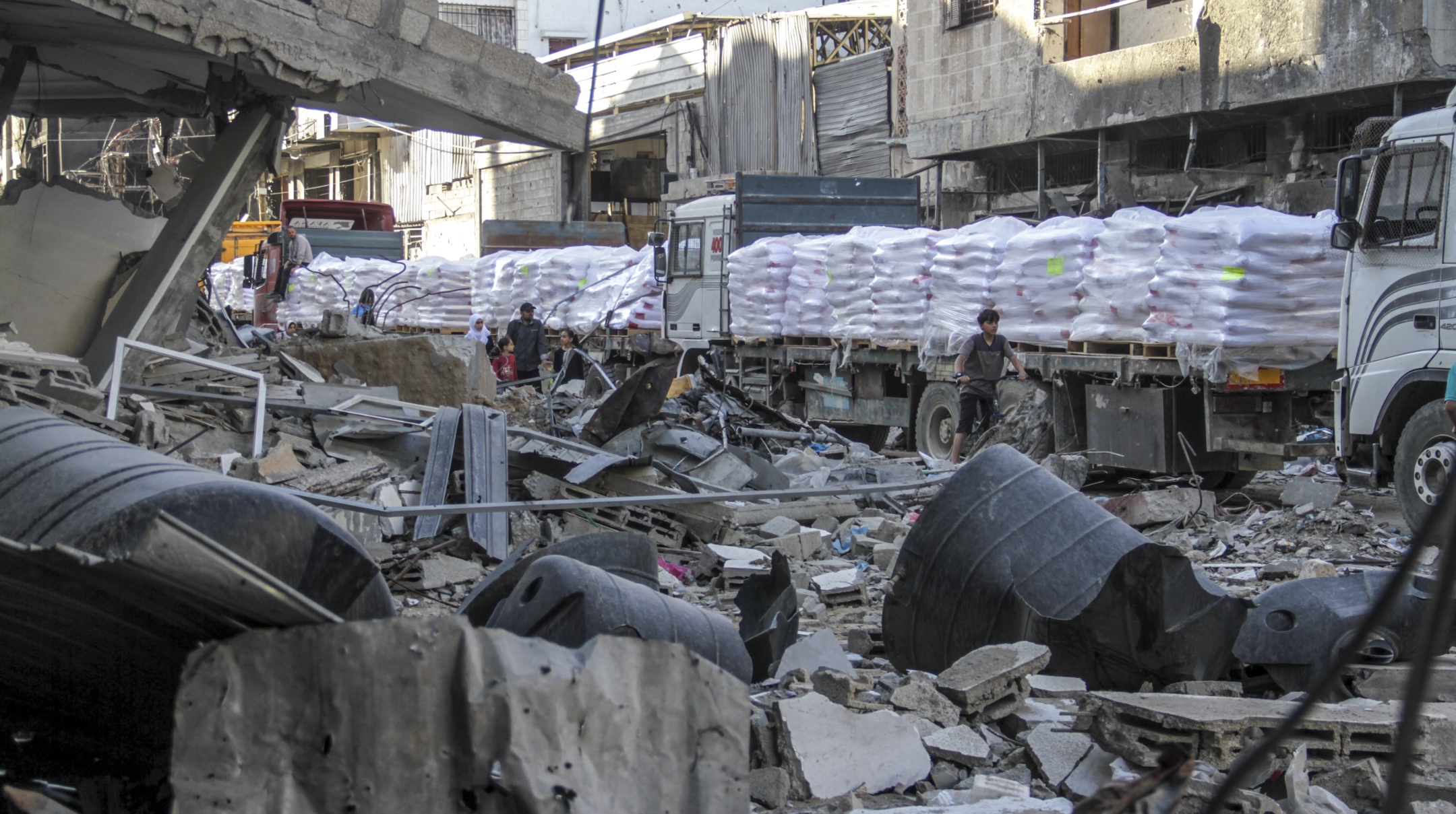 A view of aid trucks carrying relief supplies from Turkiye have arrived in Gaza City as the Israeli attacks continue in Gaza City, May 8, 2024. (Mahmoud Issa/Anadolu via Getty Images)