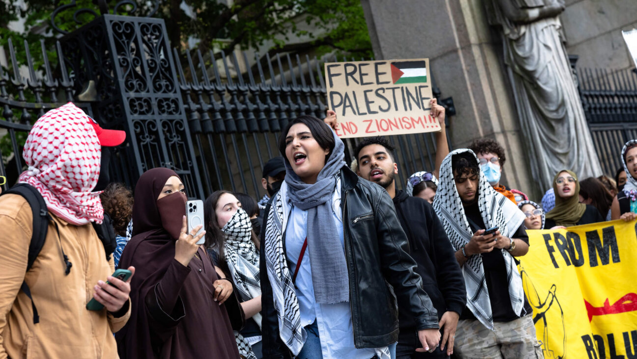 Pro-Palestinian protestors hold a rally outside of Columbia University on April 30. 