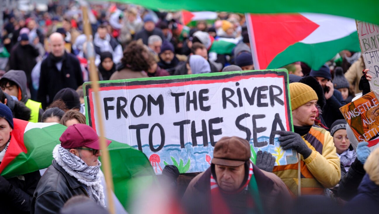 A sign reading "From the river to the sea" at a pro-Palestinian demonstration in Brussels, Belgium, on Jan. 21, 2024.