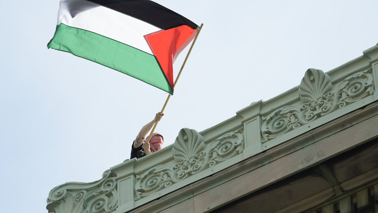 A student protester waves a Palestinian flag above Hamilton Hall  on the campus of Columbia University.