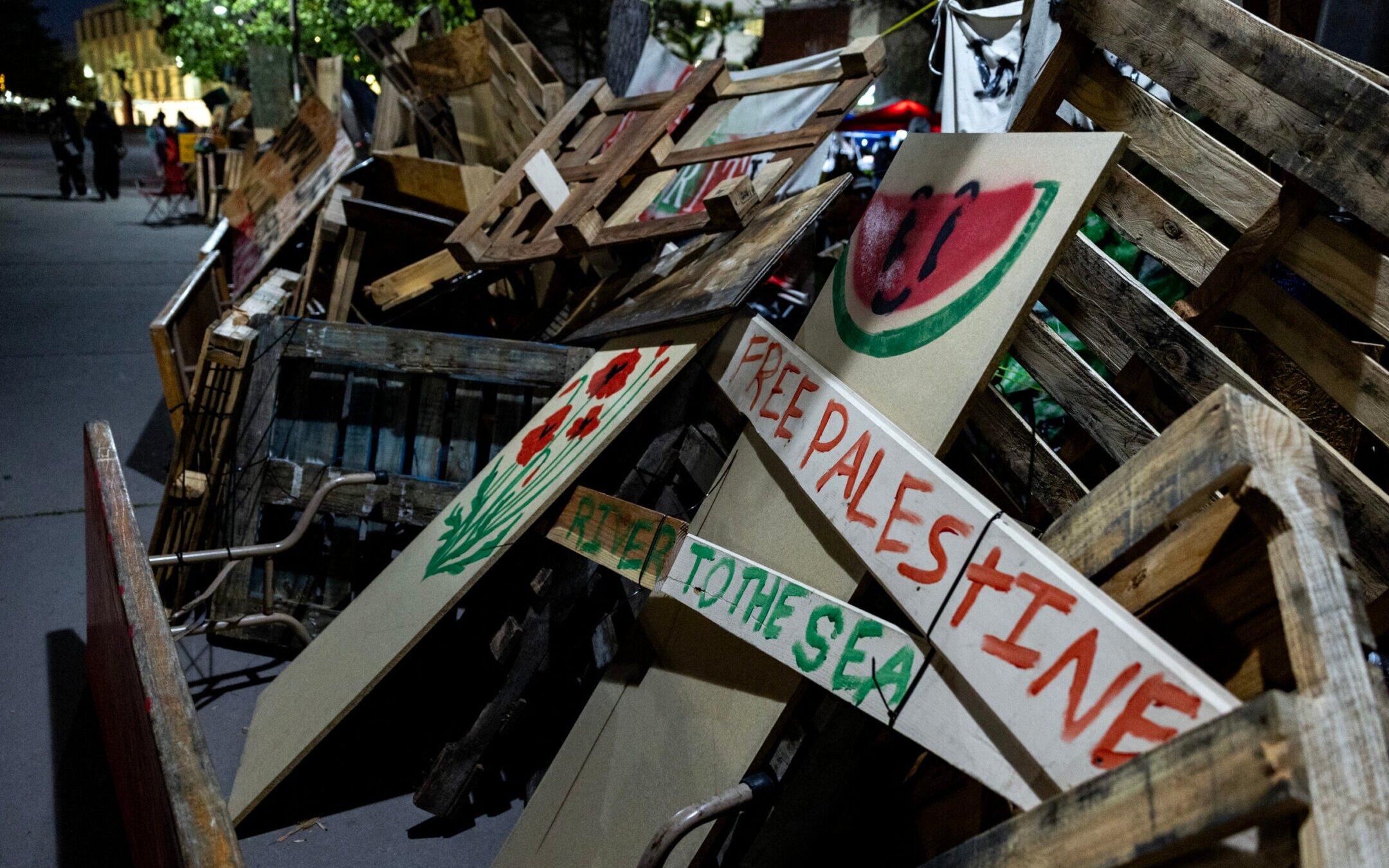 Pro-Palestinian students and activists protest at an encampment in the campus of California State University, Los Angeles, in Los Angeles, California, May 6, 2024. (Etienne Laurent / AFP via Getty Images)