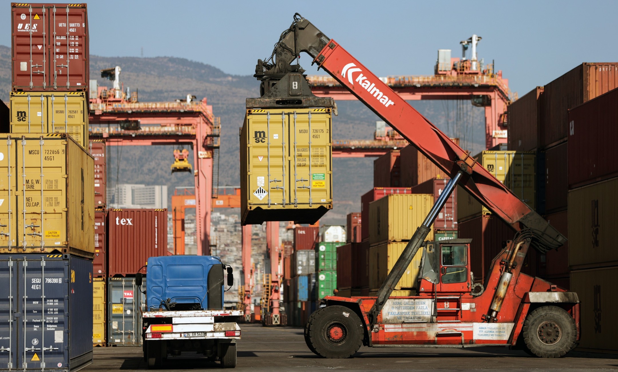 Cargo containers are seen at the Port of Izmir in Izmir, Turkey, on May 6, 2024, shortly after Turkey’s decision to halt trade with Israel. (Mustafa Kaya/Xinhau News Agency via Getty Images)