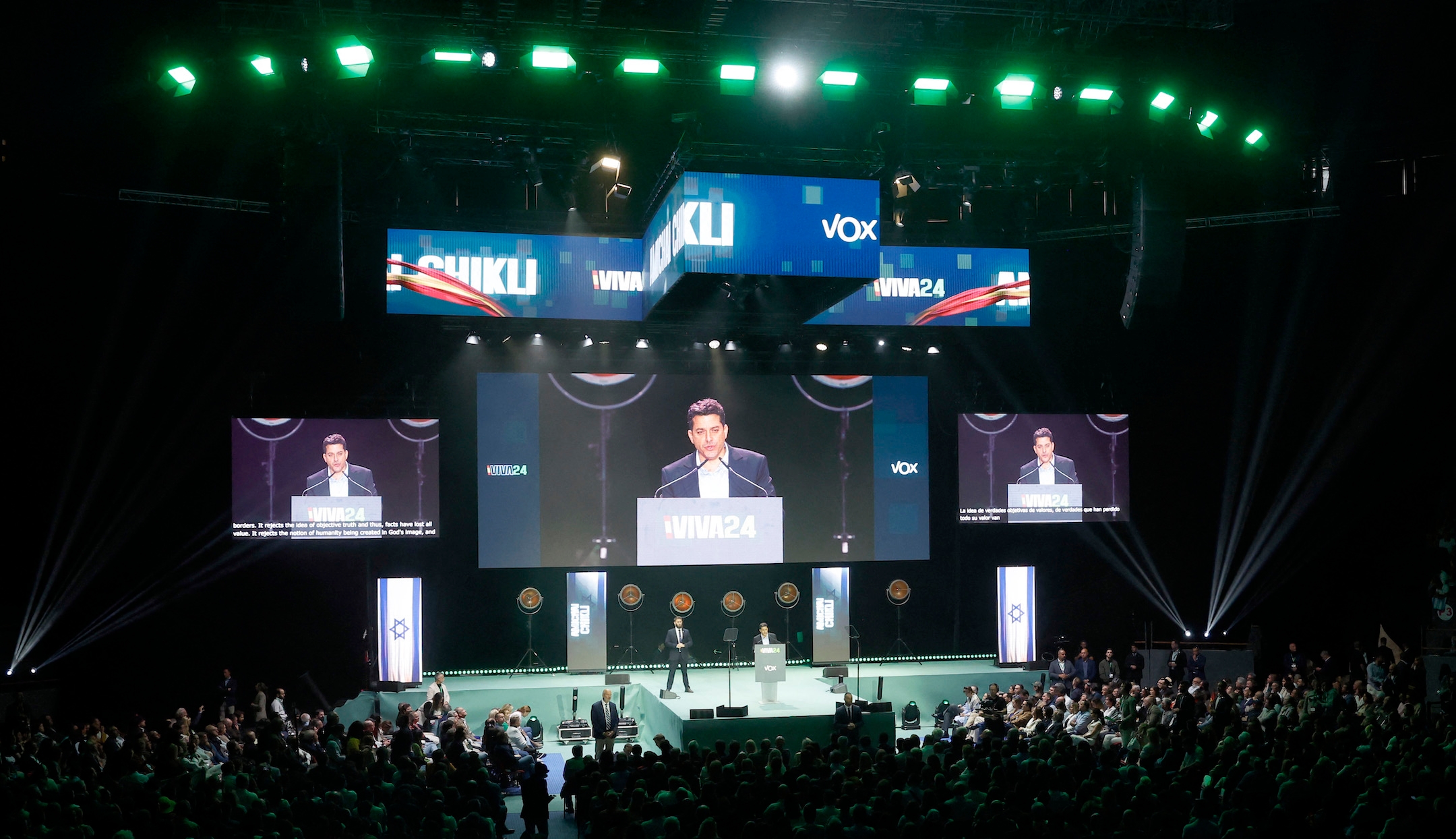 Minister of Diaspora Affairs of Israel Amichai Chikli takes part in the Spanish far-right wing party Vox’s rally “Europa Viva 24” in Madrid, May 19, 2024. (Oscar del Pozo / AFP via Getty Images)