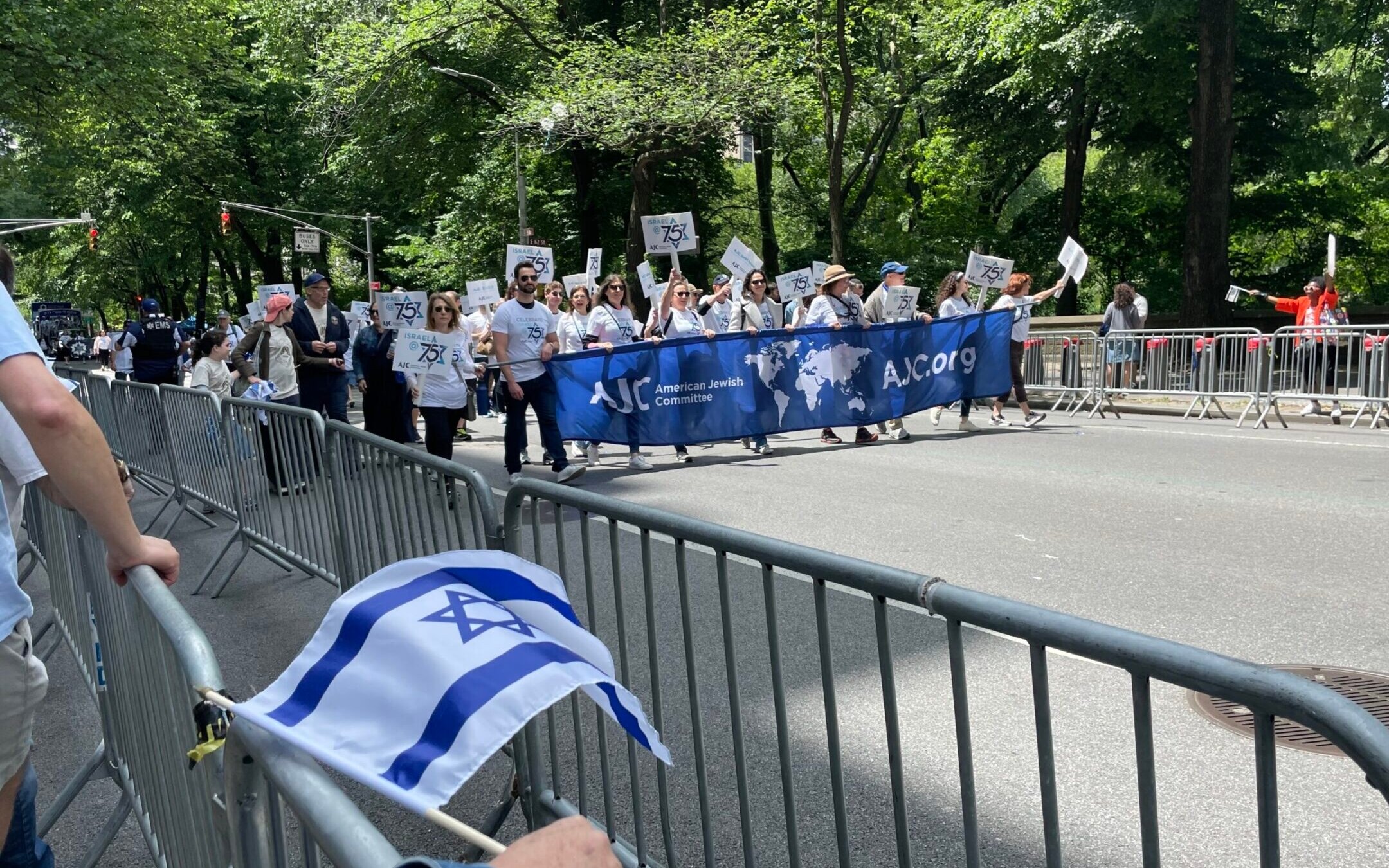 A delegation from the American Jewish Committee marches in the Celebrate Israel parade in New York City, June 4, 2023. (Philissa Cramer)