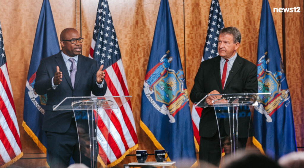 Rep. Jamaal Bowman, left, and challenger George Latimer, right, at a debate in White Plains, New York, May 13, 2024. (Credit: News 12)