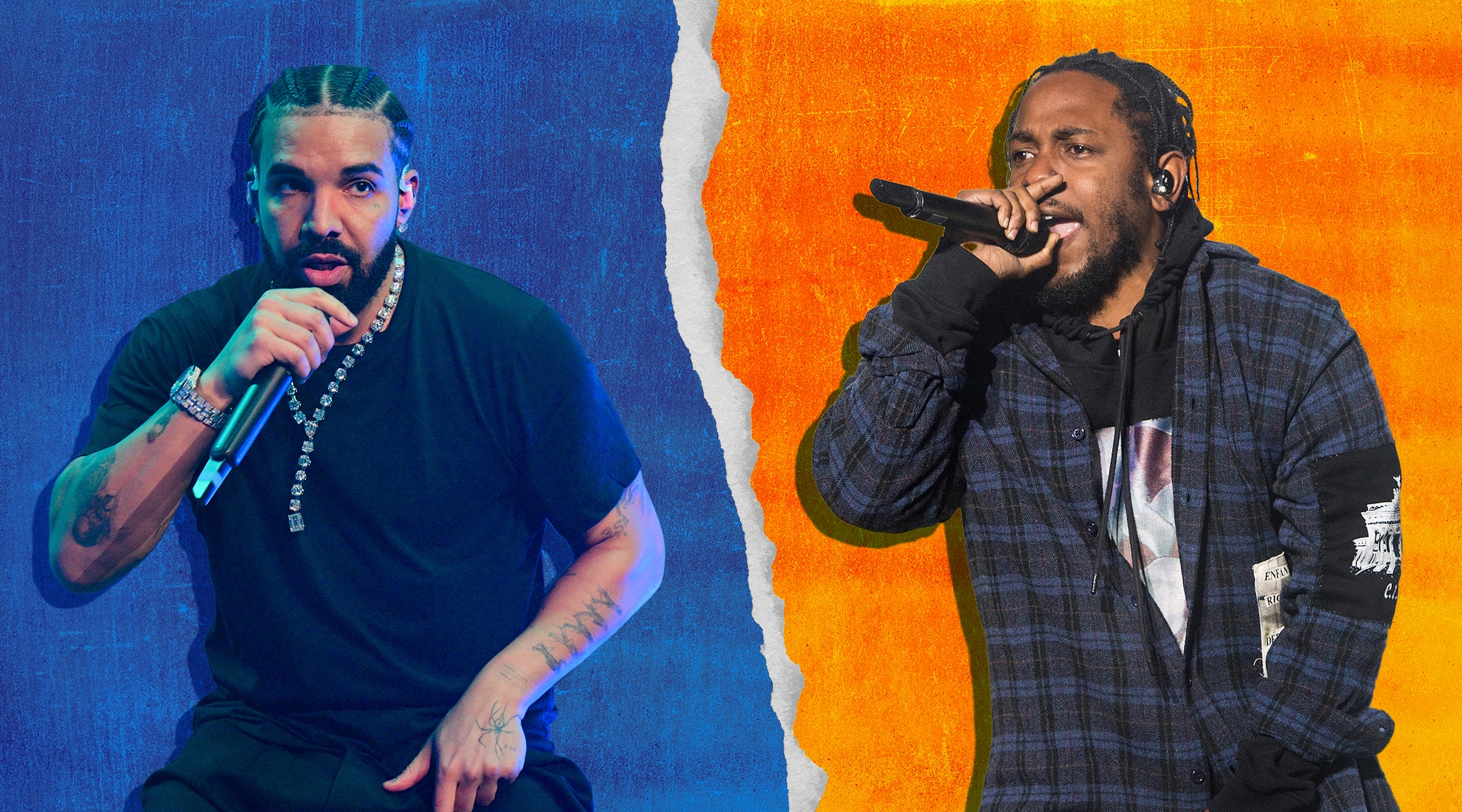 The rappers Drake, left, and Kendrick Lamar have been trading insults in a series of songs that have aroused commentary far beyond the music. (Prince Williams/Wireimage; Erika Goldring/FilmMagic; via Getty Images)